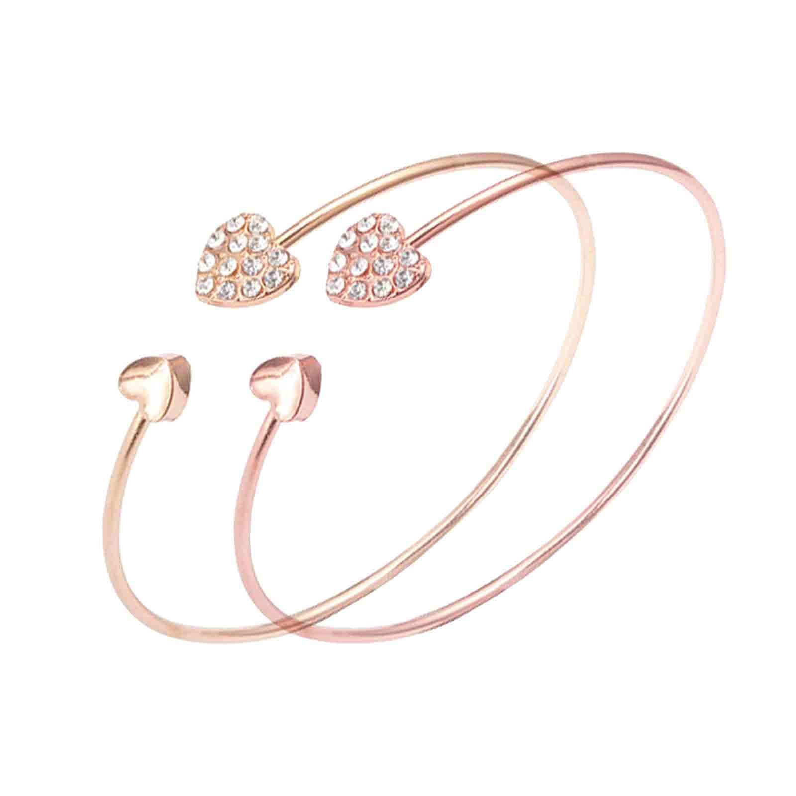 Elegant Adjustable Heart Rhinestone Bracelet Set for Women - 2PC Open Bangle Jewelry with Sparkling Crystals, Perfect for Parties, Weddings & Date Nights