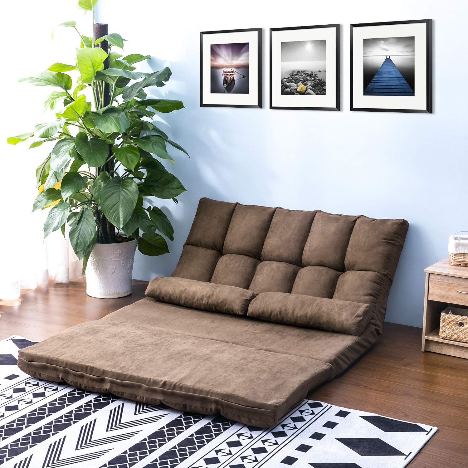 YSKWA Double Chaise Lounge Sofa Chair - Modern Floor Couch with 2 Pillows for Living Room, Bedroom, or Patio - Comfortable Brown Fabric Sectional Sofa for Relaxing, Reading, and Lounging