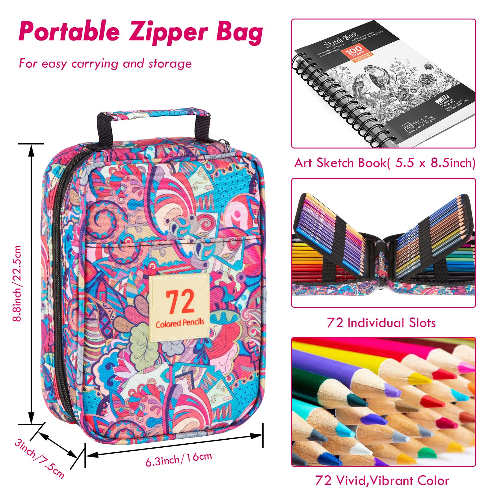Premium Limous 72-Colored Pencil Set with A5 Sketchbook & Travel Case - Includes 7 Metallic Colors for Professional Drawing, Sketching, Blending & Layering - Perfect for Artists, Students & Travel Sketching