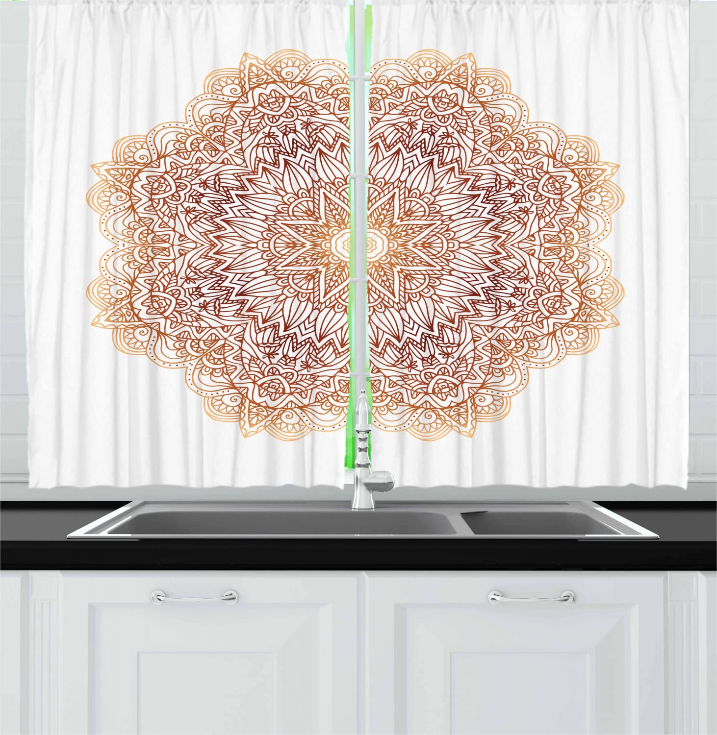 Ambesonne Mandala Long Kitchen Curtains - Hand-Drawn Bohemian Doodle Design with Leaves & Stars, 2 Panel Rod Pocket Drapes for Windows, 55 x 45 Inches, Burnt Orange & White - Perfect for Boho Chic Kitchens, Dining Rooms & Sunrooms