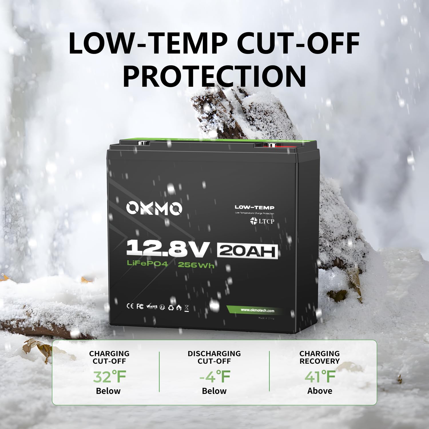 OKMO 12V 20Ah LiFePO4 Lithium Battery - 12.8V Deep Cycle Rechargeable Battery with 4000+ Cycles & LTCP Protection - Perfect for UPS Backup, Kayak Fish Finders, Solar Panels, Power Wheels Toys, Electric Scooters, and Marine Radios - Ideal for Outdoor Adventures & Emergency Power Supply