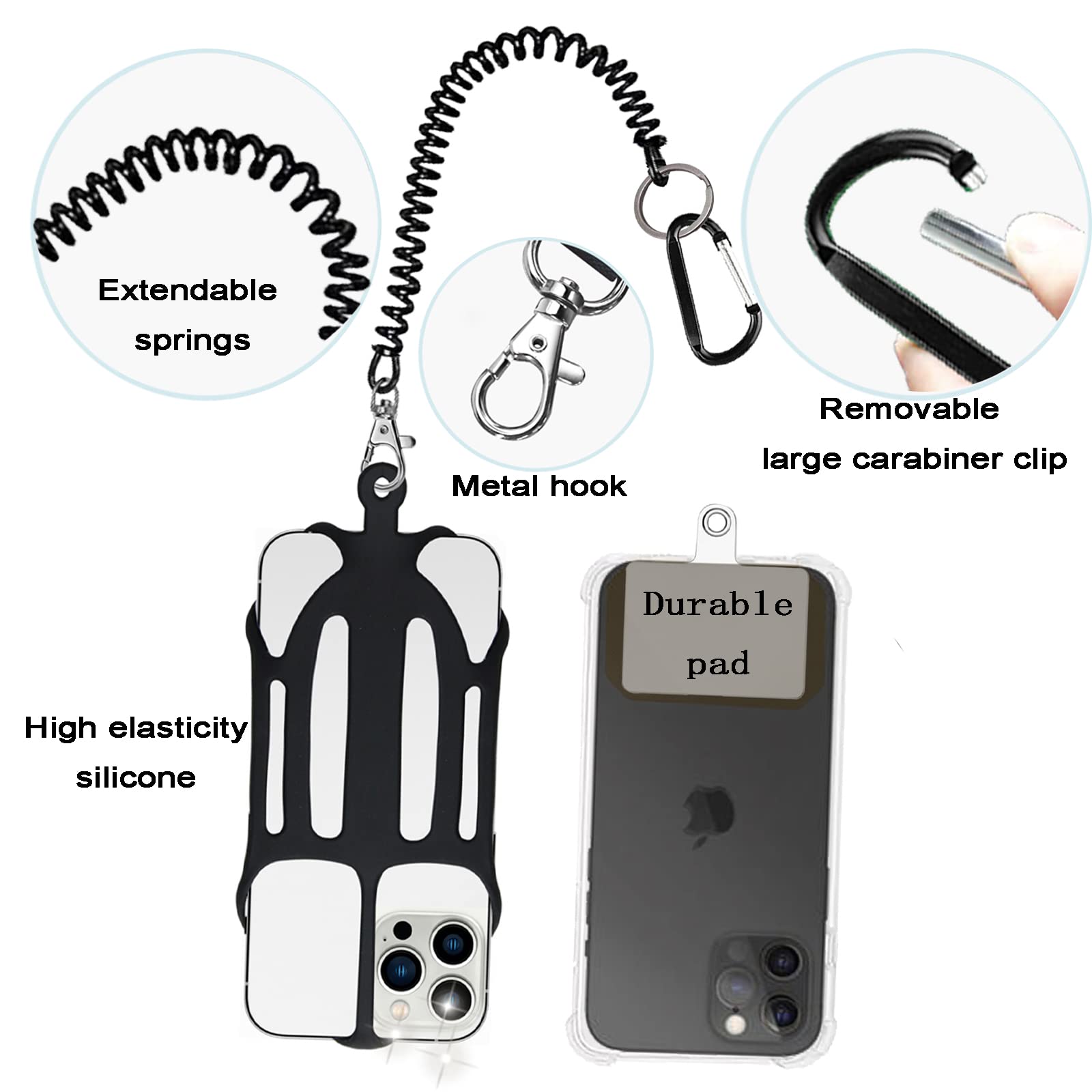 2 in 1 Anti-Drop Phone Lanyard with Silicone Holder & Carabiner Clip - Universal Phone Tether for iPhone & Android (Black) - Perfect for Hiking, Travel, and Outdoor Activities