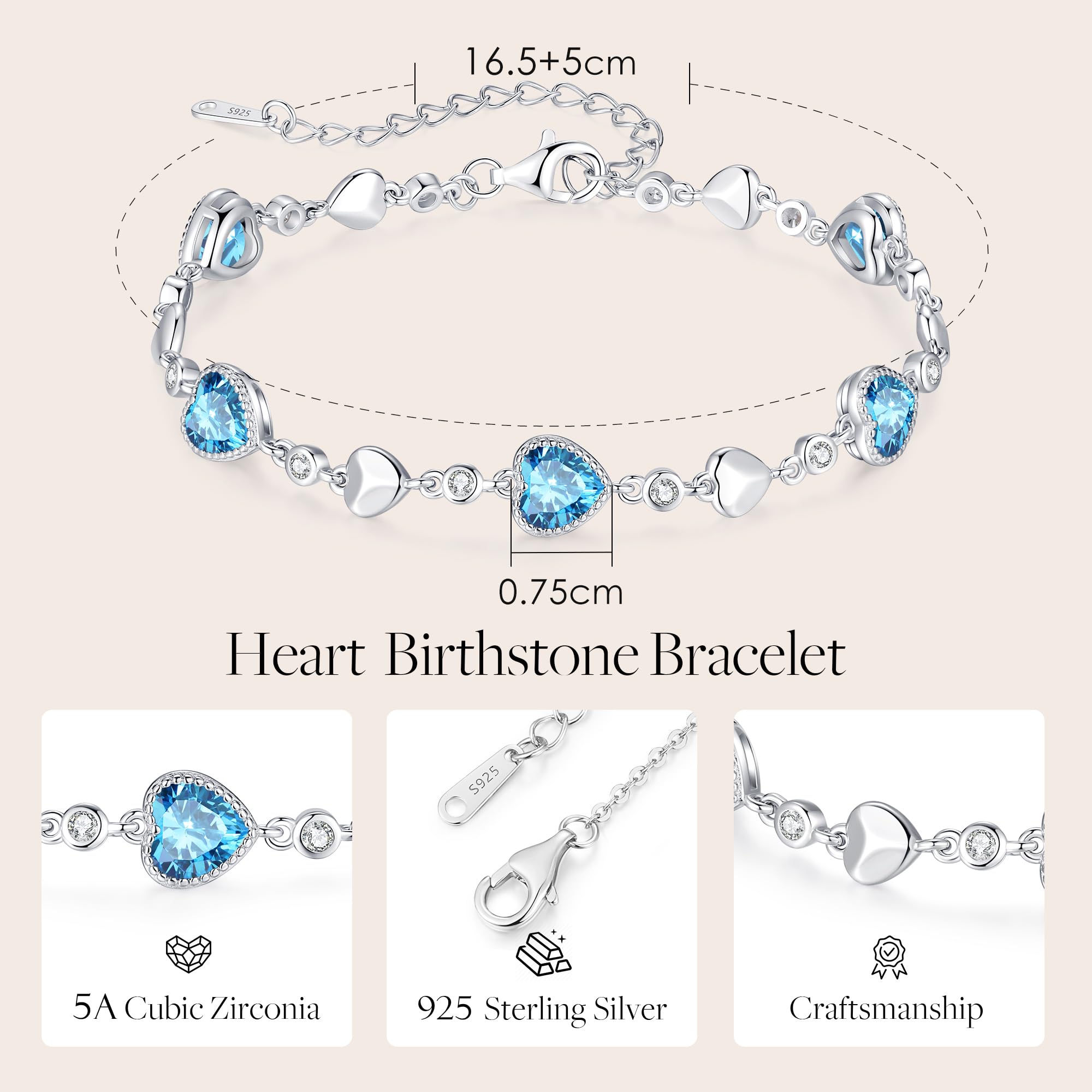 LOUISA SECRET 925 Sterling Silver Five Love Heart Birthstone Charm Bracelet for Women - Elegant Link Bracelet Gift for Wife, Mom, Girlfriend - Perfect for Birthday, Anniversary, Christmas & Everyday Wear
