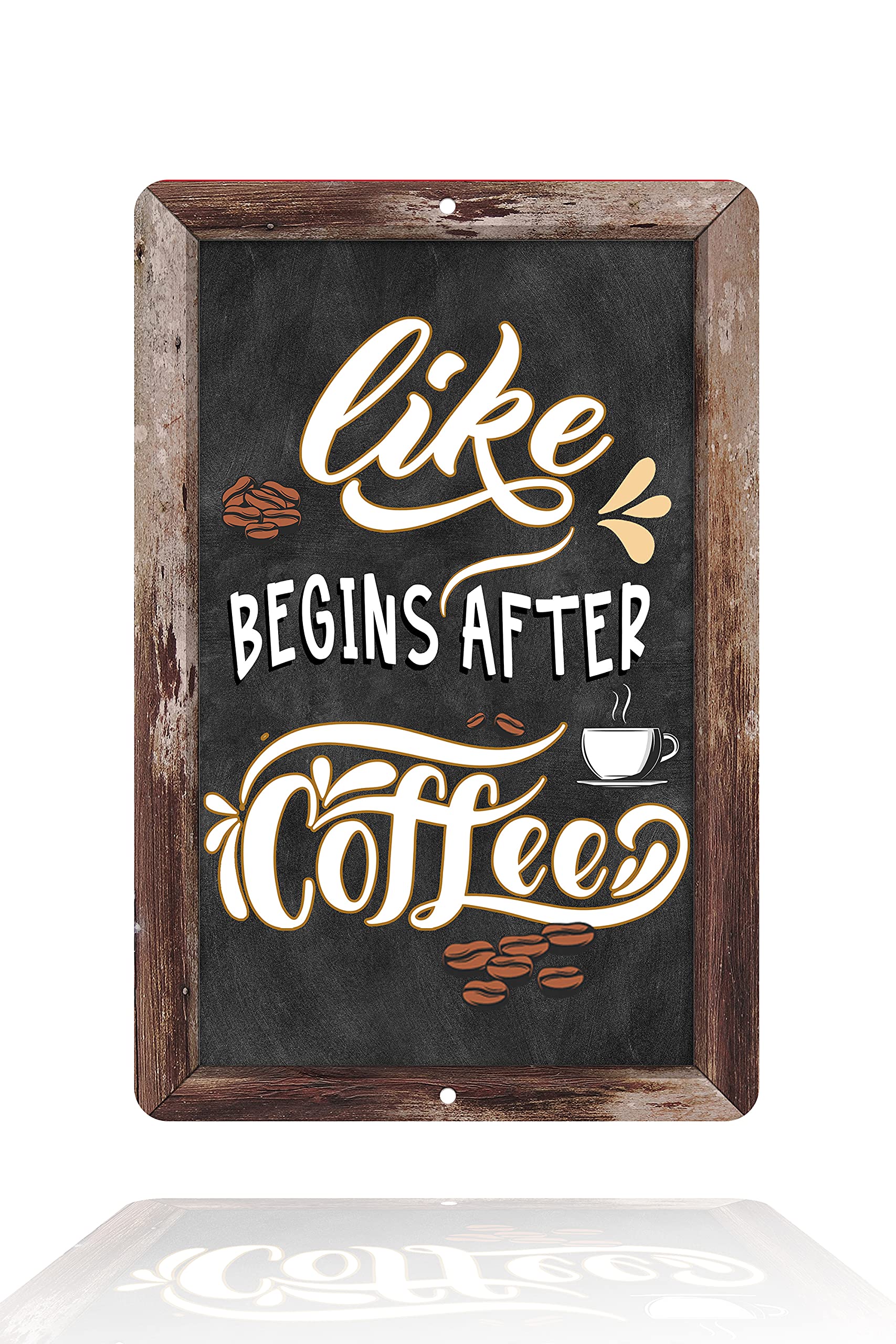 Vintage Coffee Bar Metal Tin Sign - 8x12 Inch Retro Wall Art for Kitchen, Bedroom, Farmhouse, Dorm, Office & Man Cave - 'Life Begins After Coffee' Home Decor - Perfect for Coffee Lovers & Vintage Style Enthusiasts