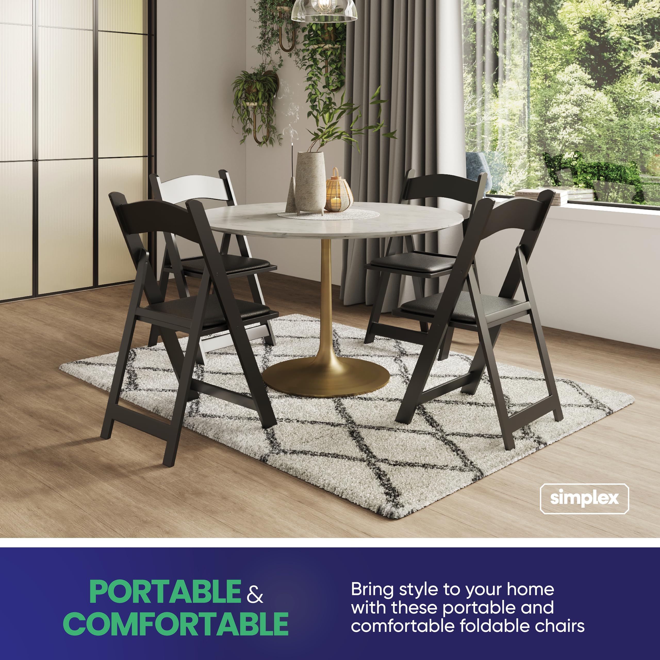 **SIMPLEX 4-Pack Black Resin Stackable Folding Chairs with Padded Seats - Comfortable & Lightweight Foldable Chairs for Indoor/Outdoor Use - Perfect for Parties, Weddings, Picnics & Events**