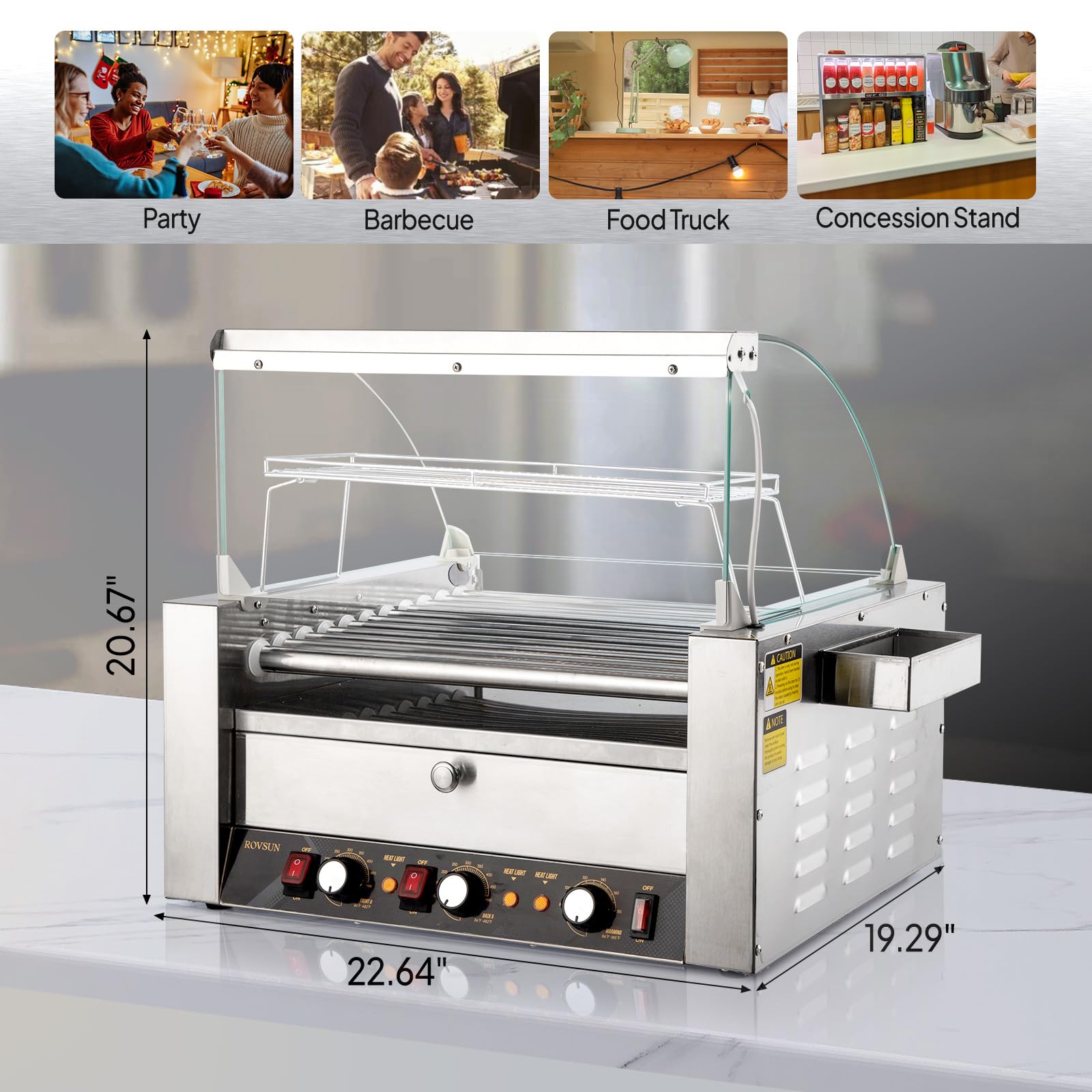 ROVSUN 11-Roller Commercial Hot Dog Roller Grill Machine with Bun Warmer - 2000W ETL-Certified, Dual Temperature Control, LED Light, Removable Shelf & Drip Tray - Perfect for Parties, Home Use, and Food Trucks