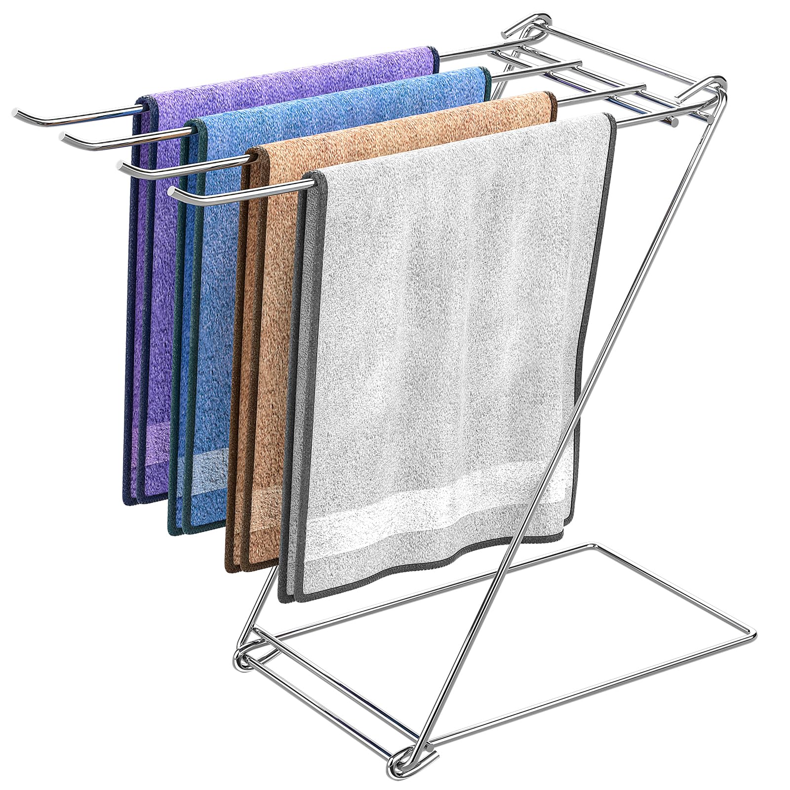 4-Arm Z-Shaped Folding Kitchen Towel Holder Stand - Free Standing Countertop Dish Towel Rack for Bathroom & Kitchen - Hand Towel & Washcloth Drying Organizer - Perfect for Drying Dishes, Napkins & Cleaning Cloths After Cooking or Washing
