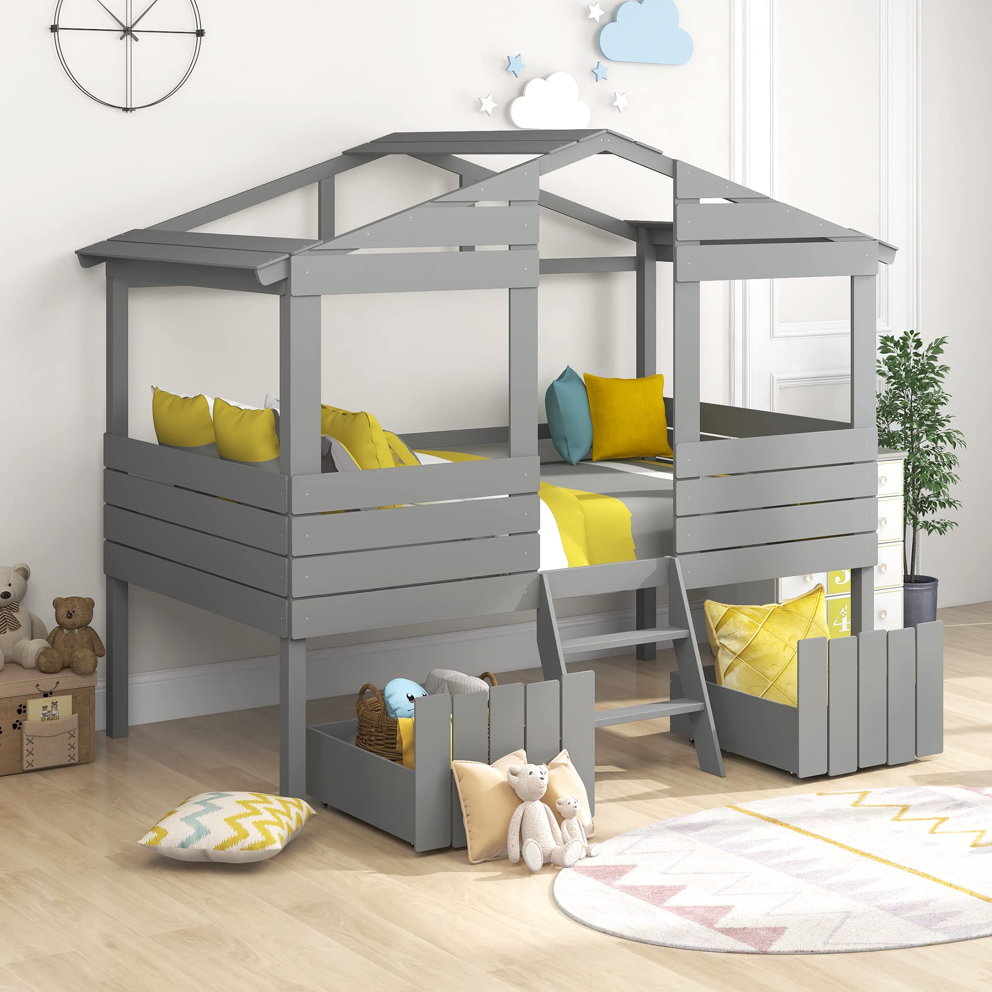 Kids Twin Size Wood Loft Bed with Two Drawers, Windows & Roof Design - Fence-Shaped Guardrails & Short Ladder - Perfect for Boys & Girls Bedrooms (Gray) - Space-Saving Solution for Small Rooms & Fun Sleepovers