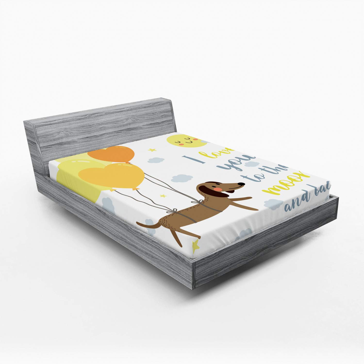Ambesonne Dog Balloons Fitted Sheet, Queen Size - Blue Grey Yellow Cocoa for Pet Lovers Bedroom