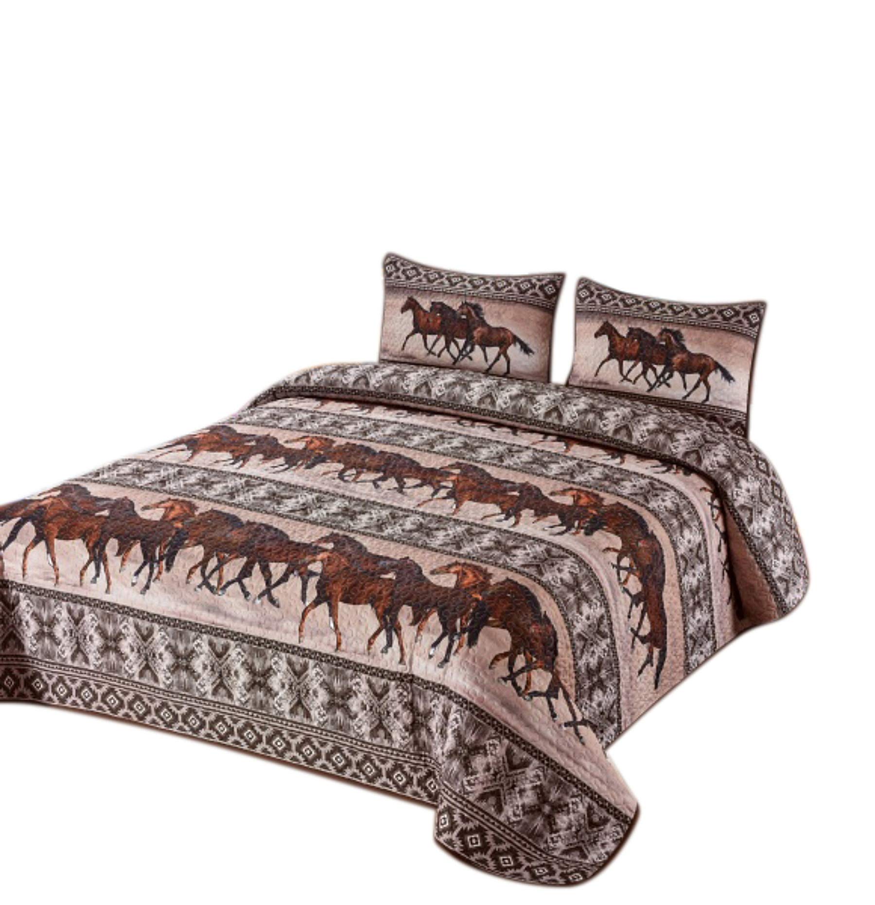 Southwestern Horse Themed 3-Piece Queen Size Quilt Bedding Set - 1 Comforter & 2 Pillow Shams, Western Home Decor for Ranch Style Bedrooms