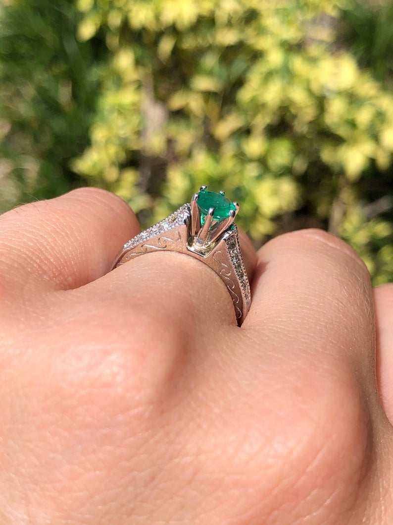 0.93 Carat Colombian Emerald & Diamond Double Row Engagement Ring in 14K Gold - Perfect for Proposals, Anniversaries & Special Occasions