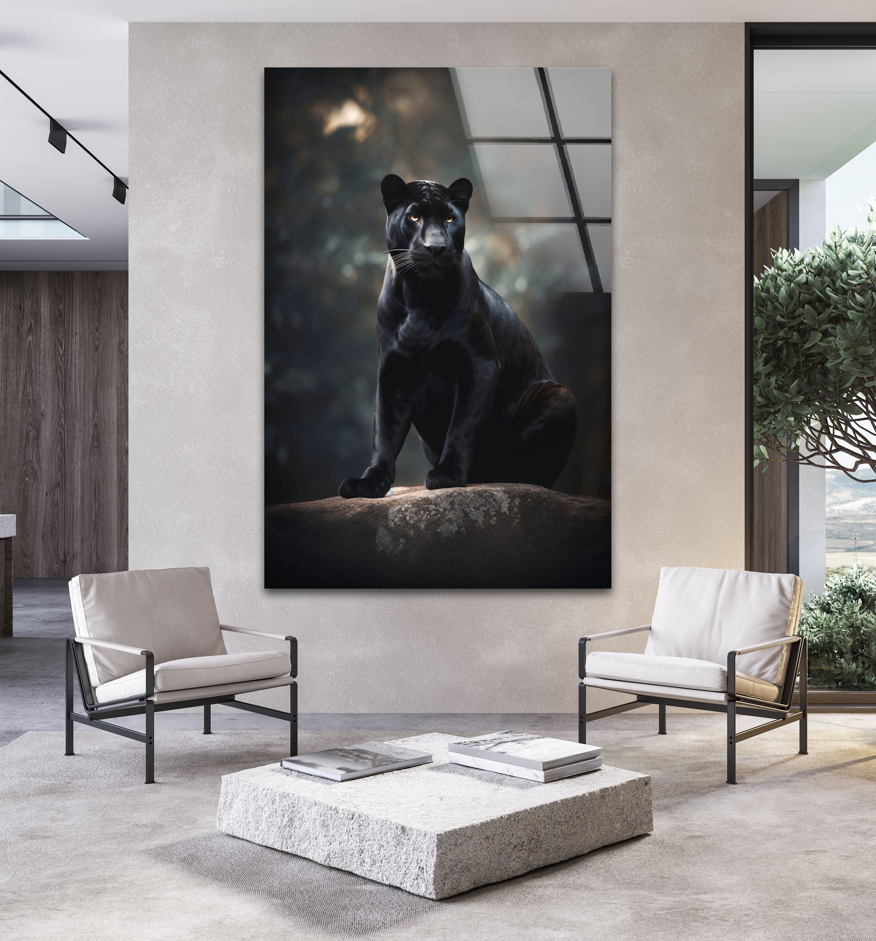 Black Puma Cool Glass Wall Art - Modern Home Decor for Living Room, Bedroom & Office - Unique Animal Themed Stained Glass Panel Artwork