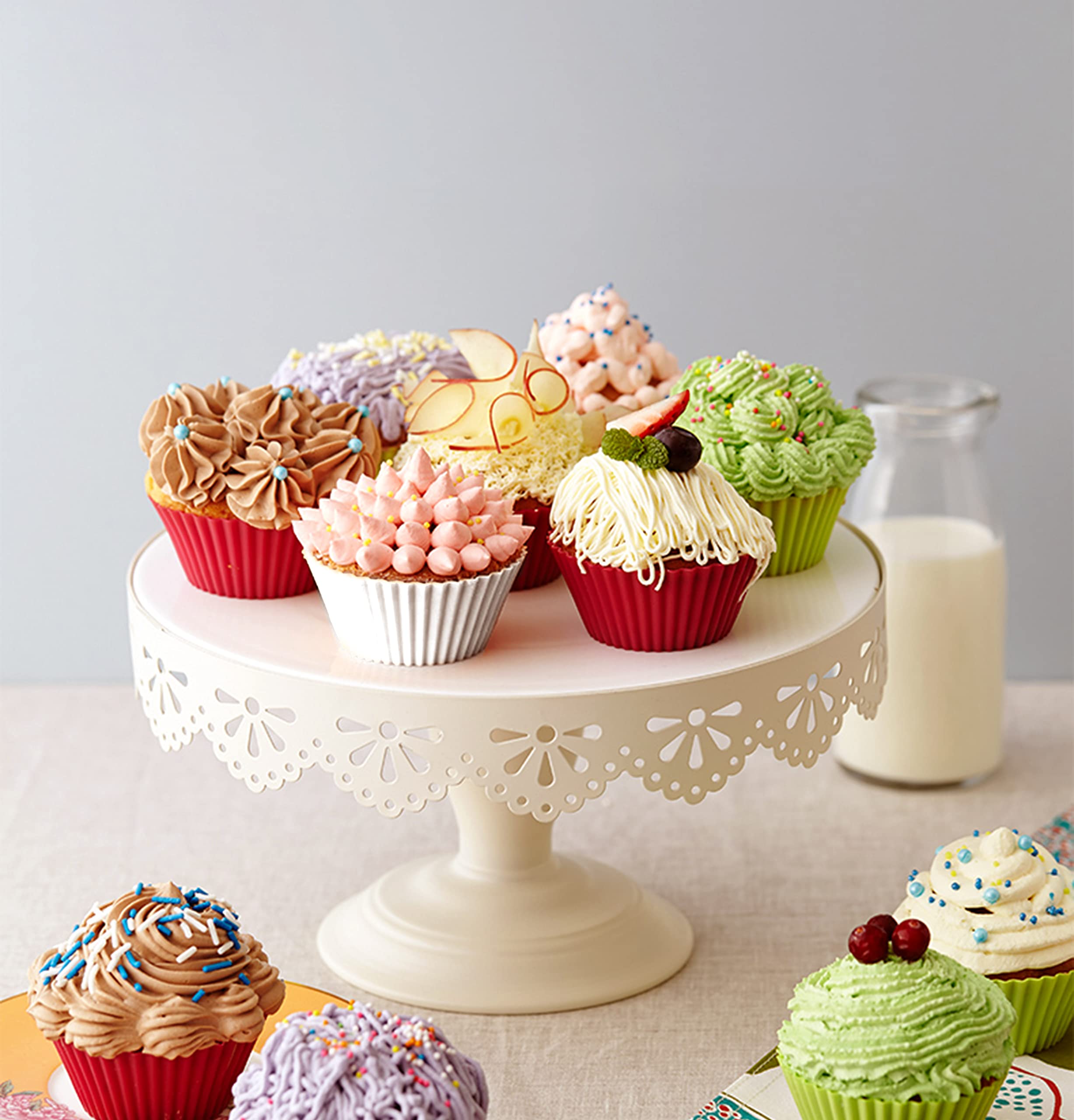 24-Pack Reusable Silicone Cupcake Baking Cups - BPA Free, Dishwasher Safe Muffin Liners in White, Red & Green | 100% Food Grade Premium Silicone for Baking, Party Desserts & Holiday Treats