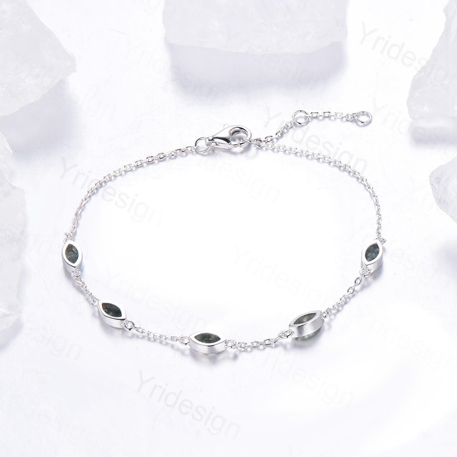 Handmade Marquise Cut Moss Agate Bracelet - Minimalist Bezel Set Green Agate Jewelry, Elegant Stackable Bangle for Women | Perfect Anniversary Gift, Boho Chic Style for Everyday Wear & Special Occasions