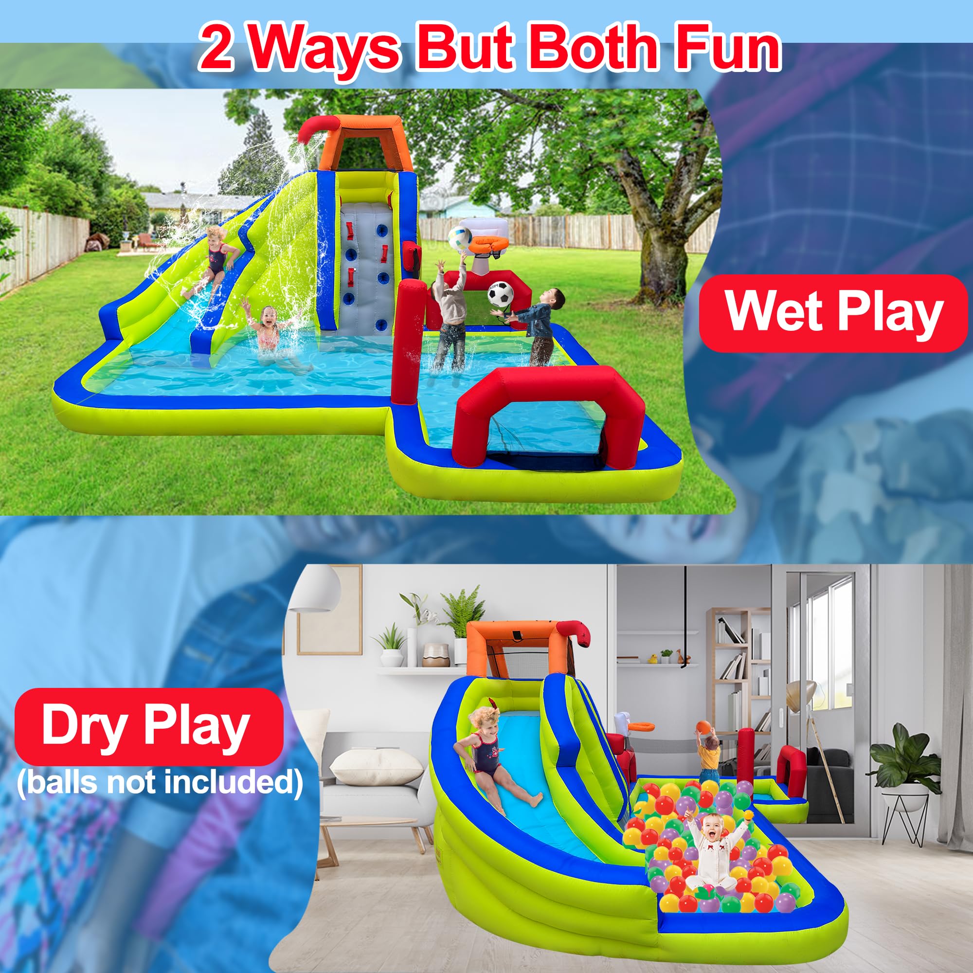 **RETRO JUMP Inflatable Water Slide - 8-in-1 Kids Water Park Bounce House with Slide, Splash Pool, Climbing Wall, Basketball Rim, Soccer Field & Volleyball Area - Includes Blower - Perfect for Backyard, Summer Parties & Outdoor Fun**