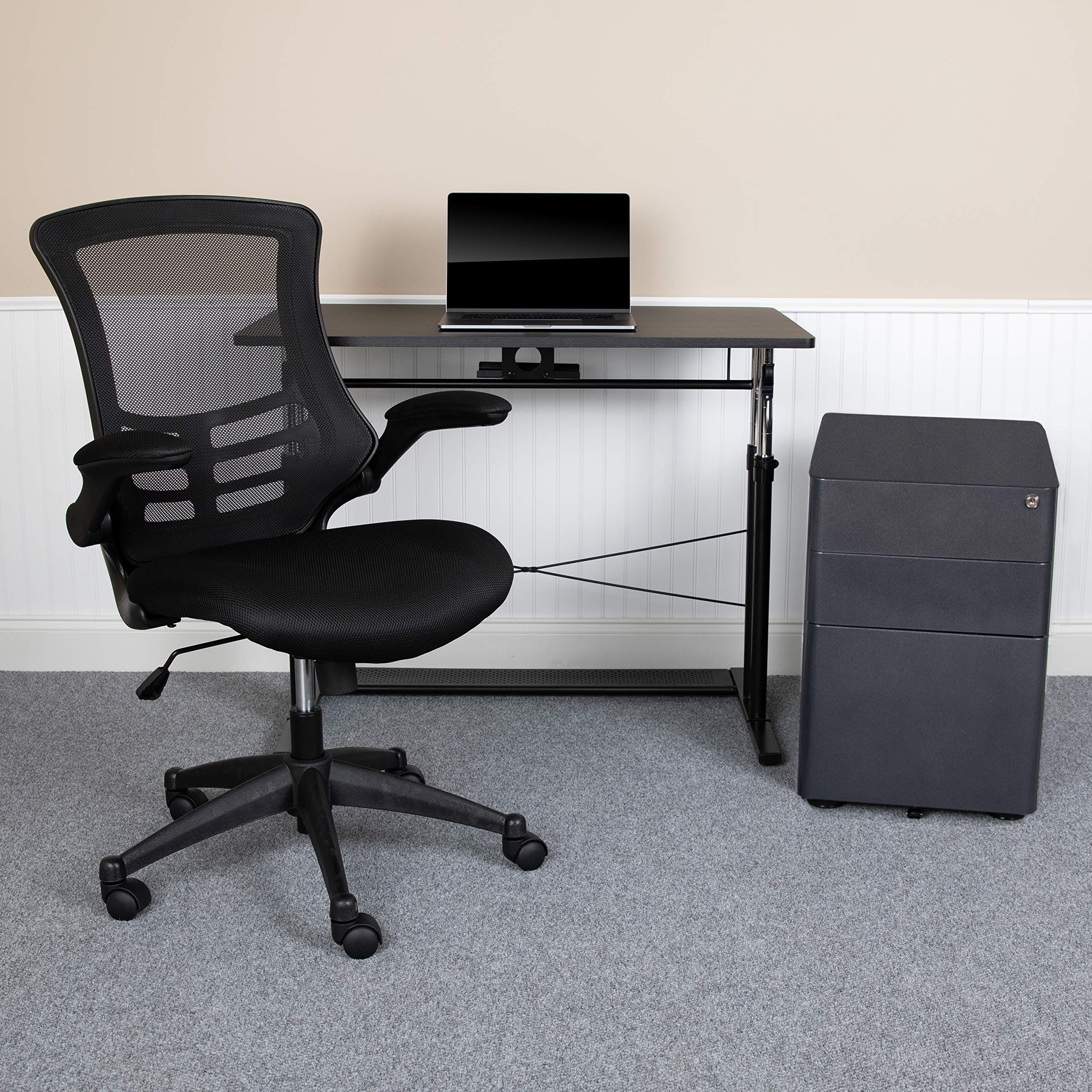 EMMA + OLIVER Adjustable Standing Desk with Ergonomic Mesh Office Chair & Filing Cabinet - Complete Home Office Set for Remote Work, Study & Productivity