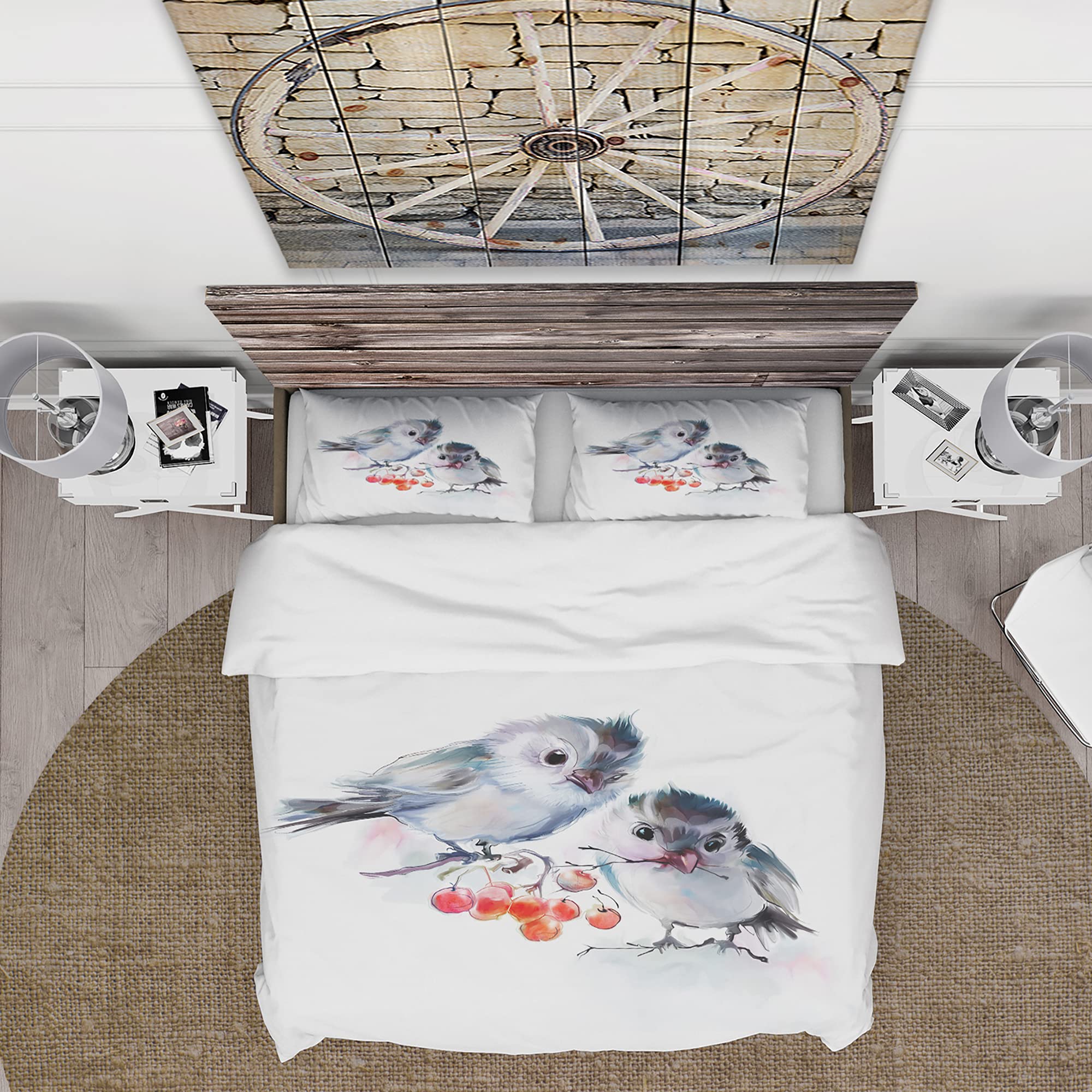 DesignQ Traditional Birds on Branch with Red Berries Duvet Cover Set - Queen Size 3-Piece Animal Print Bedding for All Seasons | Cozy Home Decor for Master Bedroom & Guest Room