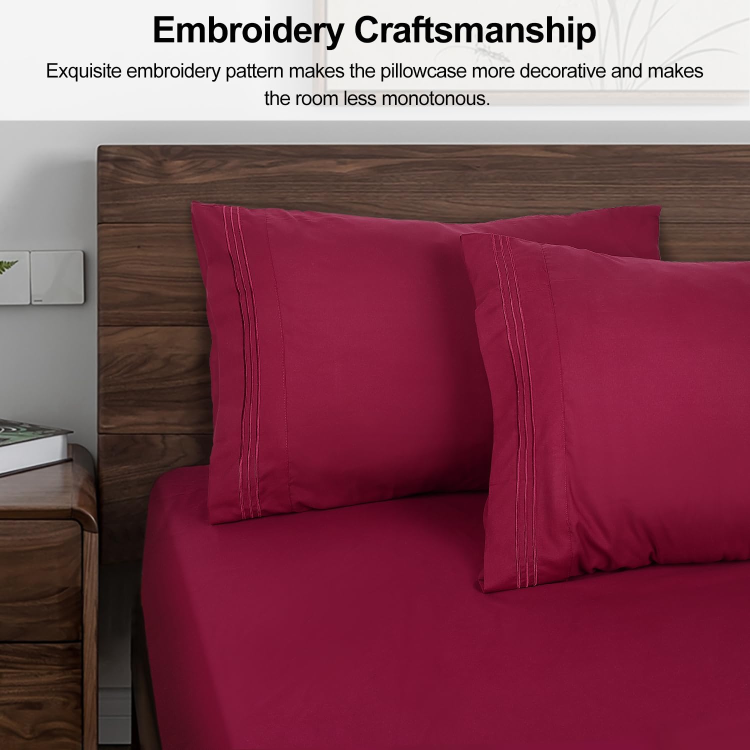 Premium 1800 Thread Count King Size Pillowcases (2 Pack) - Soft Brushed Microfiber, Wrinkle-Free & Breathable - Burgundy Embroidered Luxury Bedding for Hotels, Guest Rooms & Home Decor - Machine Washable