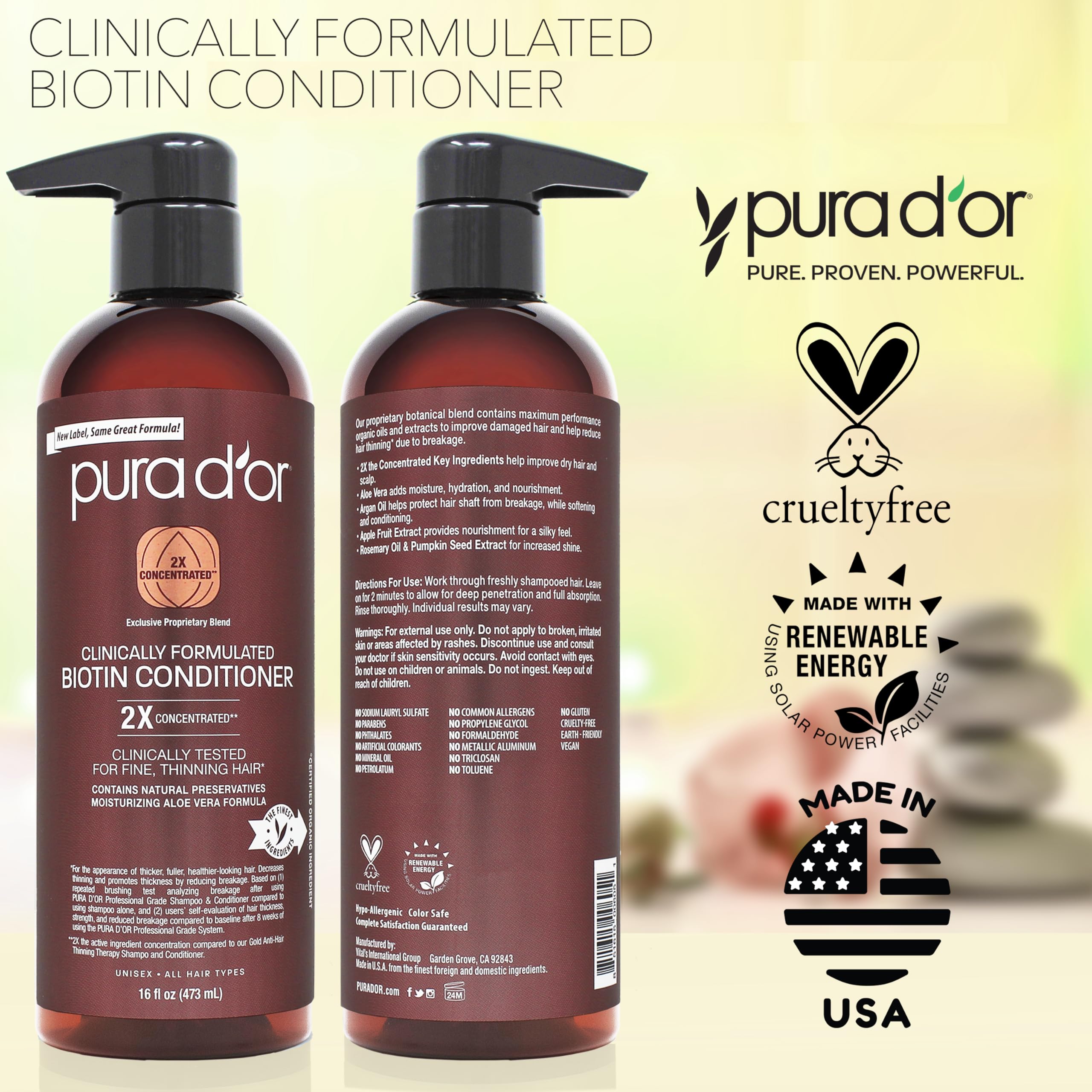 PURA D'OR 16 Oz Biotin Hair Conditioner for Thinning Hair - Clinically Formulated Thickening Treatment with 2X Herbal Blend - Professional Grade Daily Hair Care for Women & Men - Perfect for Damaged Hair Repair & Volume Boost