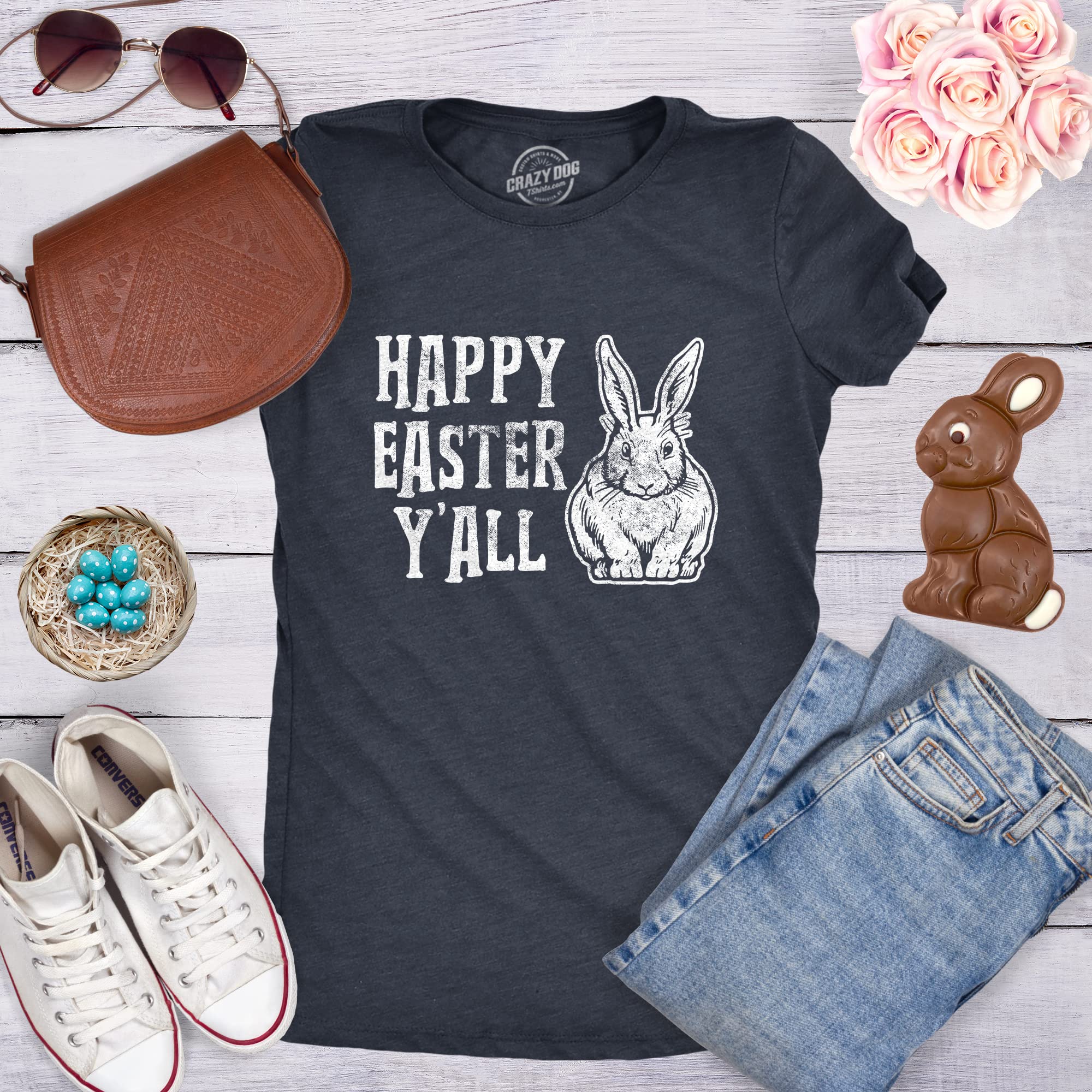 Funny Easter Bunny Saying T-Shirt for Women - Cute 'Happy Easter Y'all' Graphic Tee - Perfect Egg Hunt & Spring Gift for Her - Great for Easter Parties, Family Gatherings & Festive Outfits