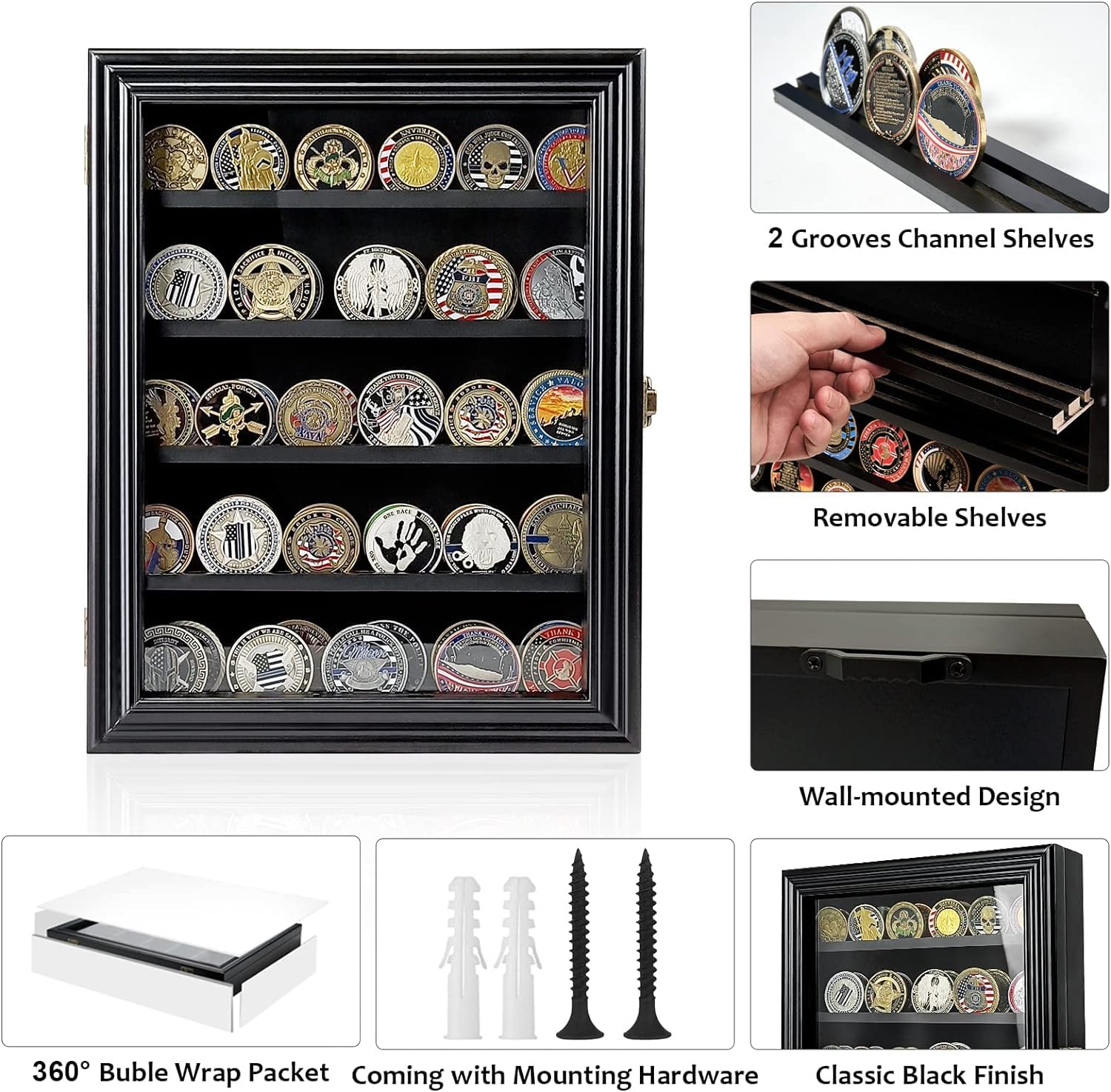 NobaeCrs Military Challenge Coin Display Case - Wooden Coin Stand Rack with HD Toughened Glass, Wall Mount & Removable 2-Shelf Design (Black) - Perfect for Collectors, Veterans, and Office Decor