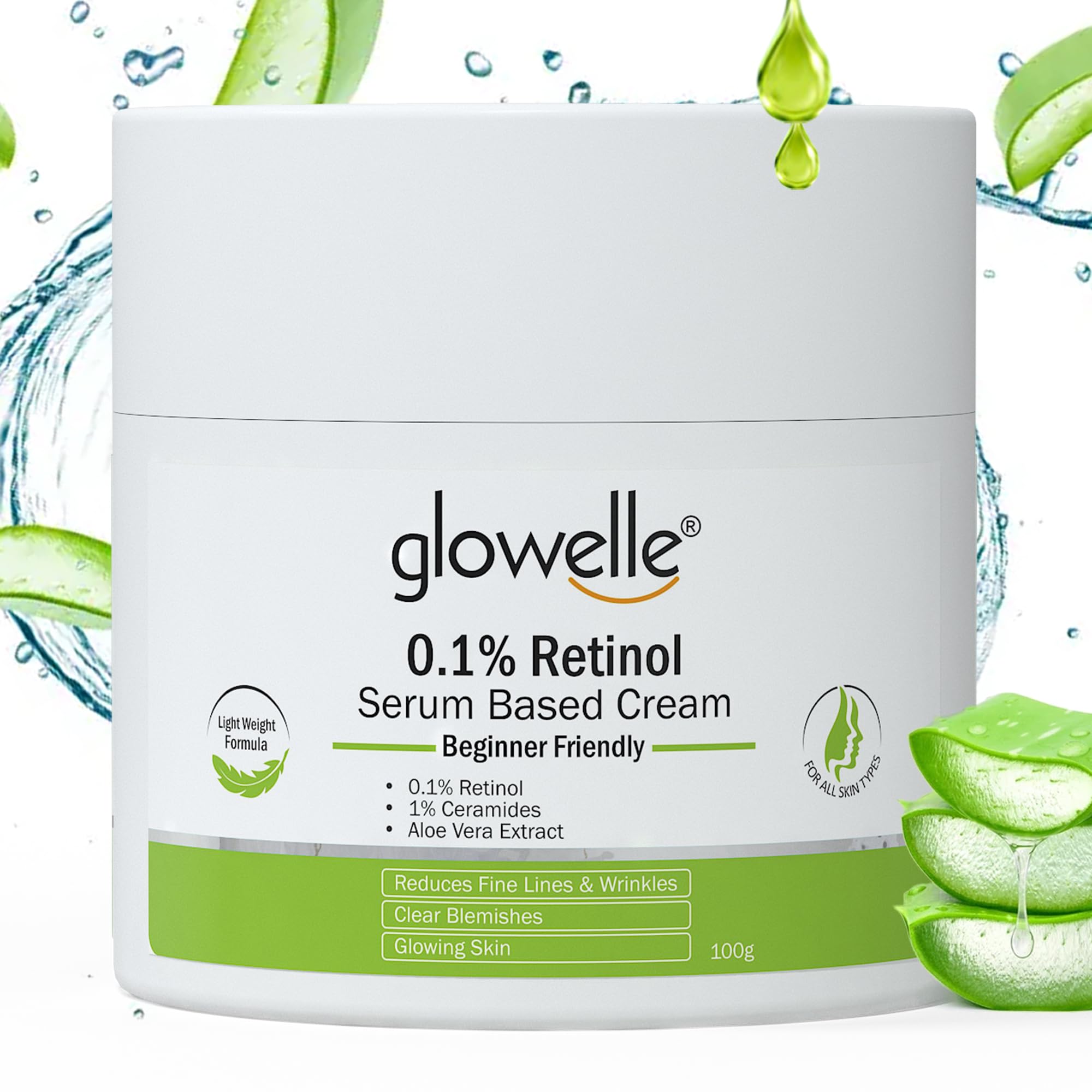 Glowelle 0.1% Retinol Night Cream for Beginners - Anti-Aging Serum Reduces Wrinkles & Fine Lines, Improves Skin Firmness, Brightens Complexion for All Skin Types - 100g | Perfect for Nighttime Skincare Routine & Anti-Wrinkle Treatment