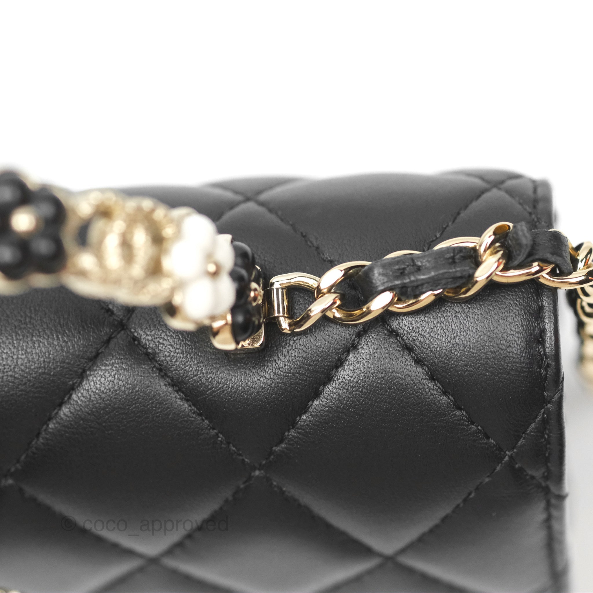 Chanel Camellia Handle Mini WOC Phone Holder Crossbody Bag with Chain - Black Lambskin Leather 23K Gold Hardware | Luxury Evening Out & Date Night Accessory