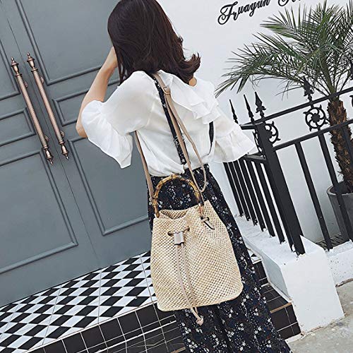Stylish Women's Straw Bucket Bag with Drawstring - Bamboo Tote Shoulder Bag & Crossbody Beach Purse | Perfect for Summer Outings, Vacations, and Seaside Adventures