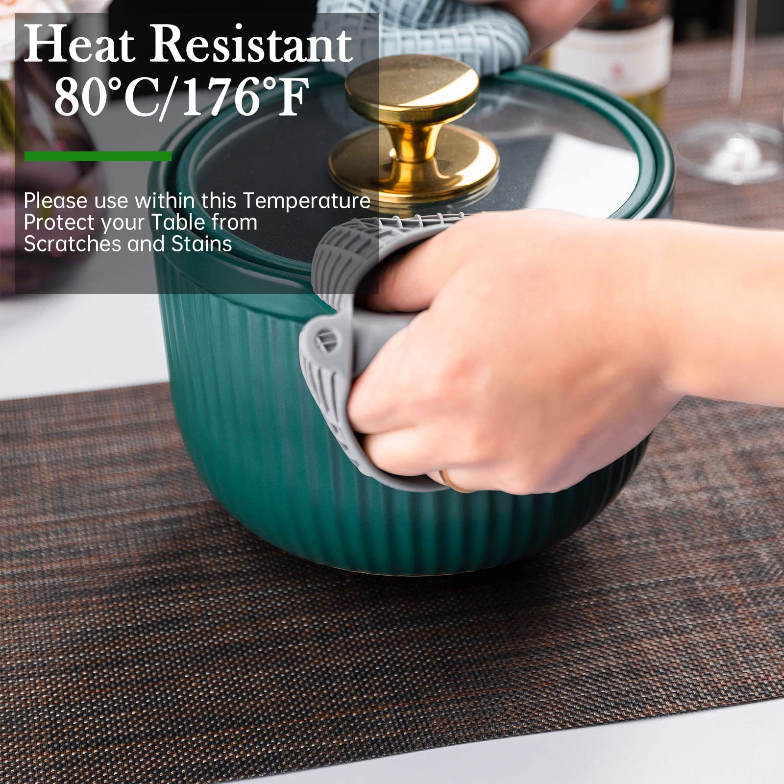 12-Pack Washable Vinyl Placemats for Dining Table - Indoor/Outdoor PVC Weave Table Mats in Black & Brown - Perfect for Everyday Meals, BBQs, and Outdoor Dining
