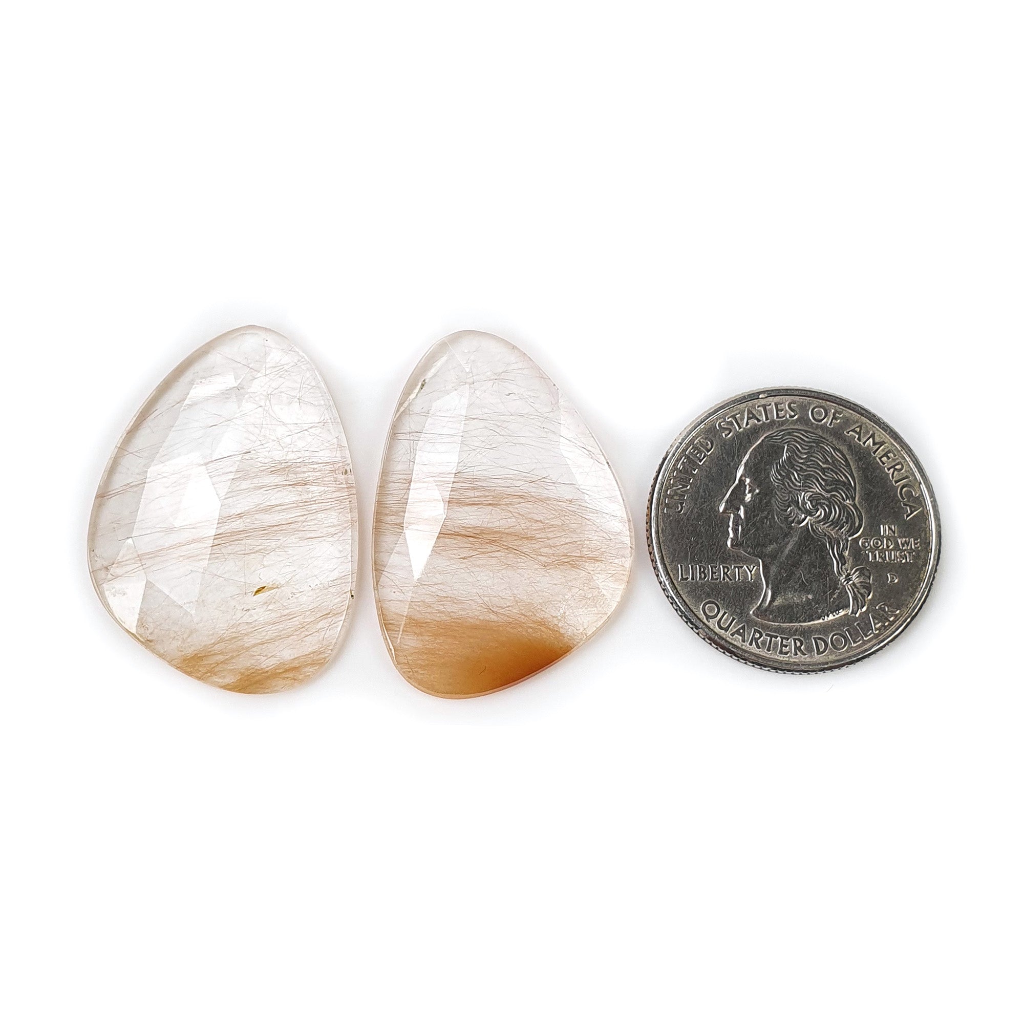Natural Brown Rutile Quartz Gemstone Rose Cut - 36.90cts Untreated Unheated Rutile Pair (31x22mm) | Healing Crystal, Jewelry Making, Meditation Stone | With Video