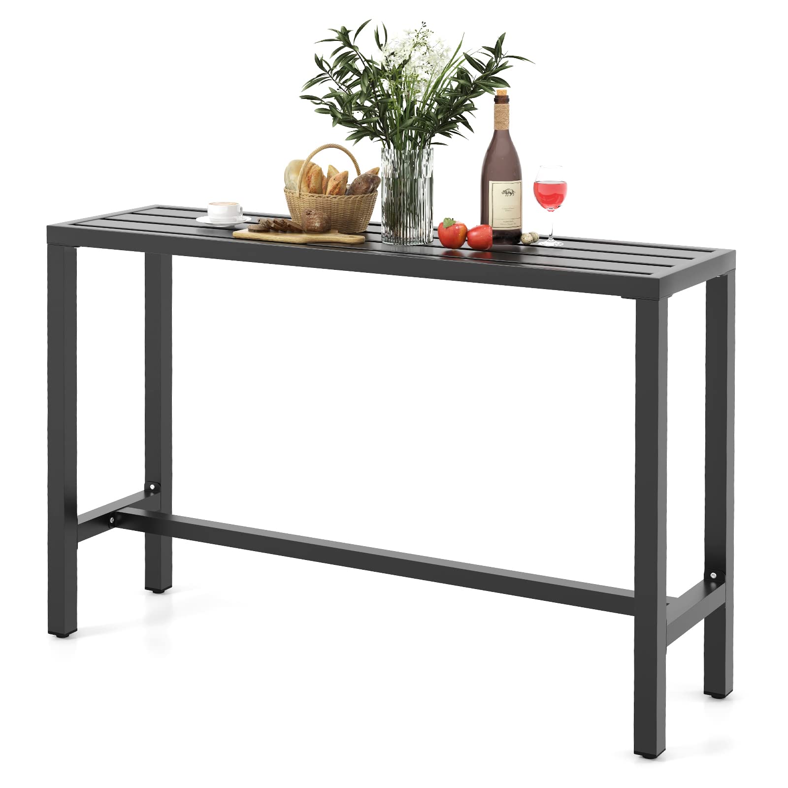 COSTWAY 55-inch Outdoor Bar Table - Narrow Counter Height Dining Table with Waterproof Top & Heavy-Duty Metal Frame - Rectangular Pub Table for Garden, Patio, Backyard, Poolside (Black) - Perfect for Outdoor Entertaining, BBQs, and Relaxing by the Pool