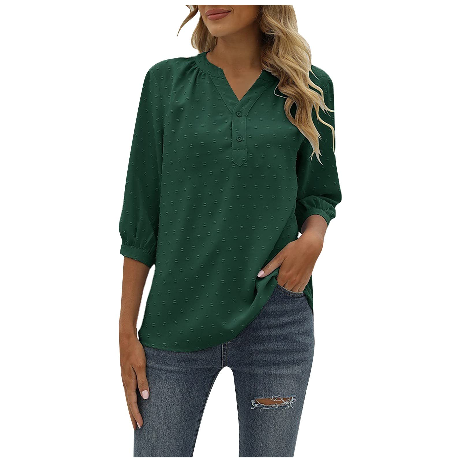 Women's Summer V-Neck Button Down Blouse - 3/4 Sleeve Loose Fit Casual Shirt - Lightweight Solid Color Work Top for Office & Outdoor Activities