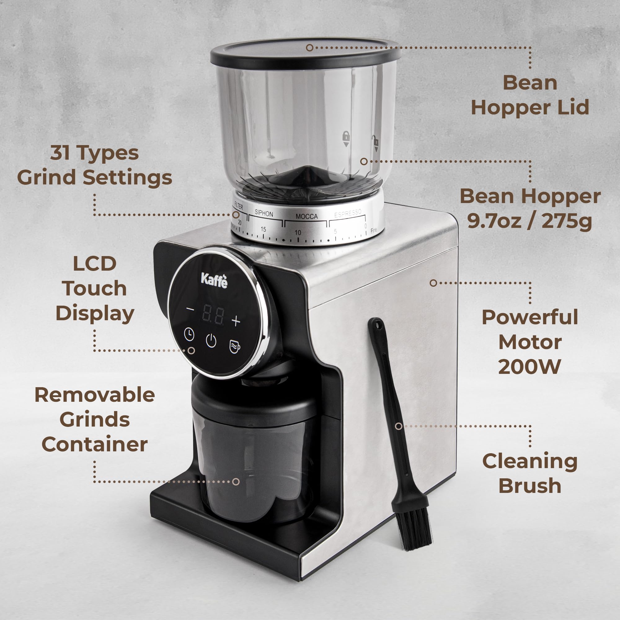 Premium Kaffe Electric Burr Coffee Grinder - 9oz Capacity, 31 Adjustable Grind Settings with Conical Burr - Touch Screen Timer & Cup Selector - Stainless Steel Precision Bean Grinder for Espresso, French Press & Drip Coffee - Perfect for Home & Office Use