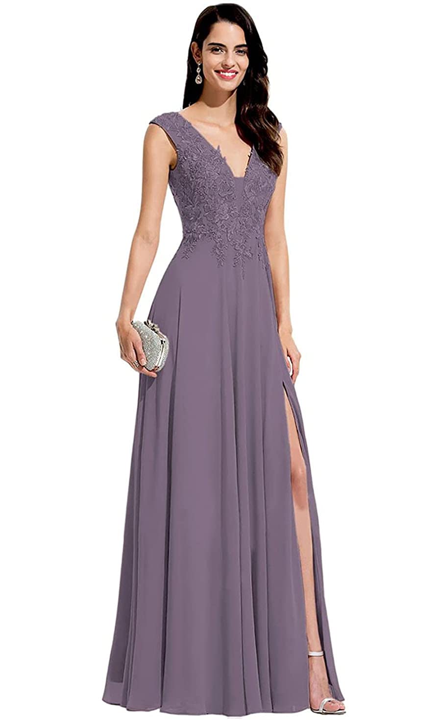 Elegant Chiffon Bridesmaid Dresses - V-Neck Lace Applique A-Line Long Formal Gowns with Slit | Perfect for Weddings, Proms & Special Occasions