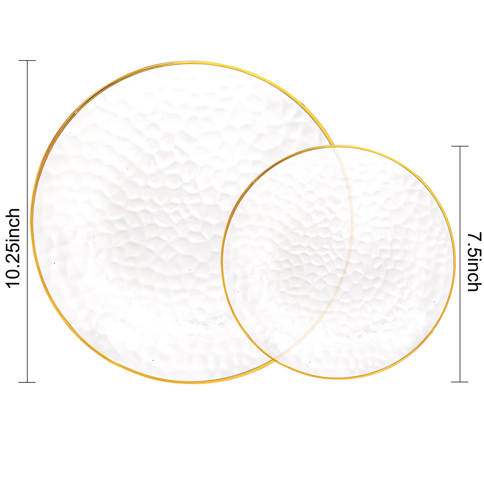 100Pcs Clear Gold Plastic Plates - Disposable Gold Rim Party Plates, Heavy Duty Hammered Design - 50 Clear Dessert Plates & 50 Dinner Plates for Weddings, Birthdays, BBQs & Special Events