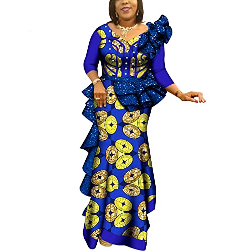 BAZINRICHE African Print Dress for Women - Ankara Fabric Wedding & Party Gown, Pearls V-Neck Bridesmaid Dress Plus Size - Perfect for Bridal Showers, Cultural Events & Special Occasions