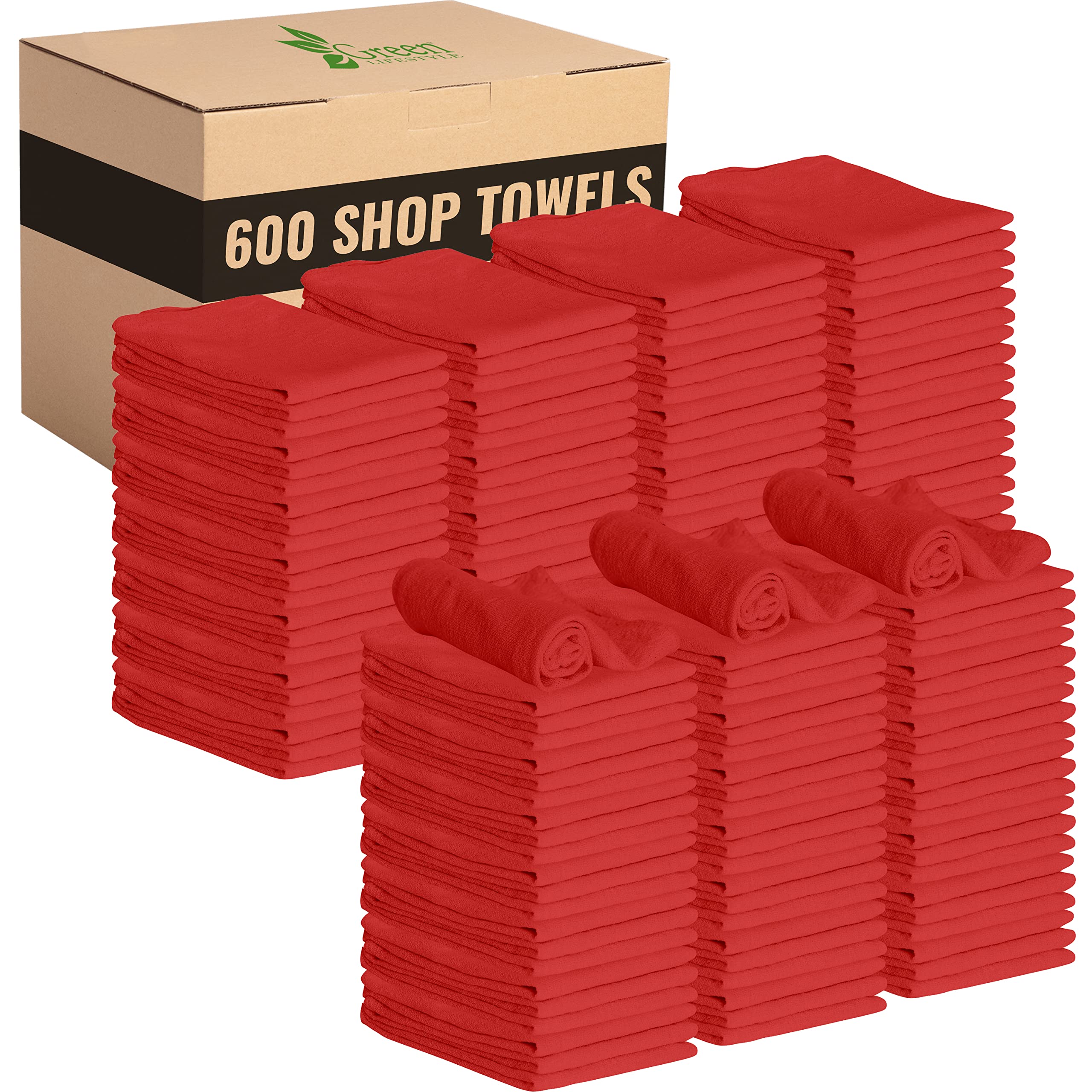 **600 Pack 12x14 Red Shop Towels - 100% Cotton Super Absorbent & Durable Reusable Cleaning Rags for Cars, Garage, Workshop & Home - Eco-Friendly Green Lifestyle**
