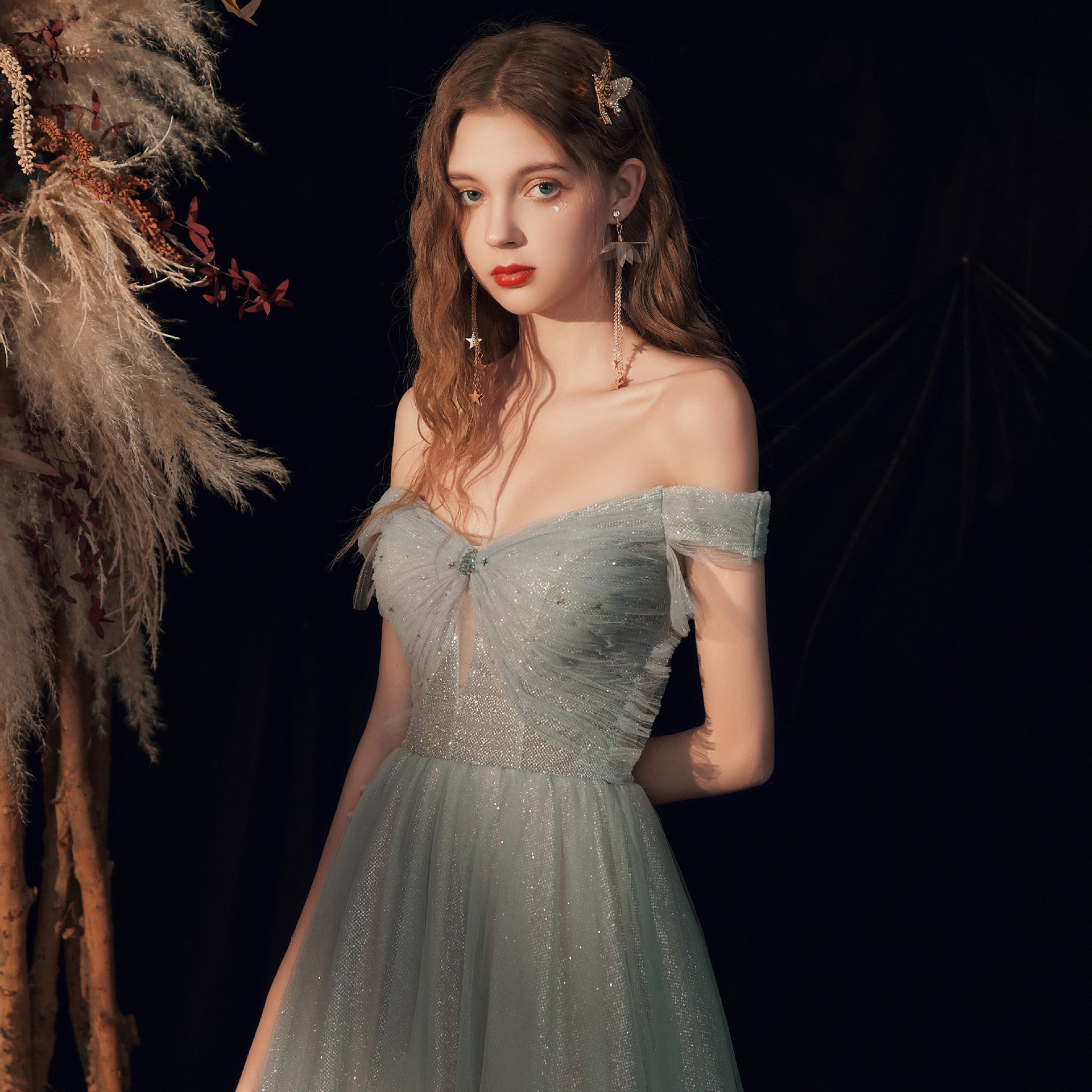 Elegant Off Shoulder Light Green Gray Prom Dress with Tulle Skirt - Long Formal Evening Gown for Homecoming, Wedding Party & Special Occasions