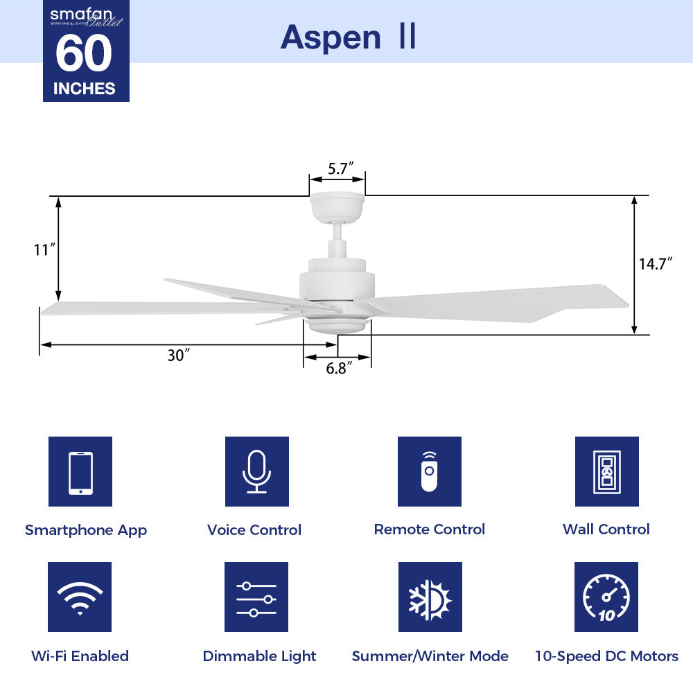 Aspen II Smart Ceiling Fan with LED Light - Remote Control, 60 Inch, Dimmable, Energy Efficient - Perfect for Bedroom, Living Room, Patio & Outdoor Spaces