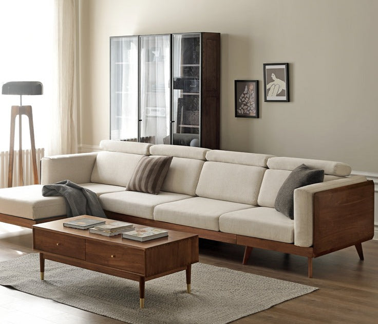 Premium Black Walnut & Ash Solid Wood Adjustable Headrest Sofa - Modern Living Room Furniture for Relaxation & Comfort