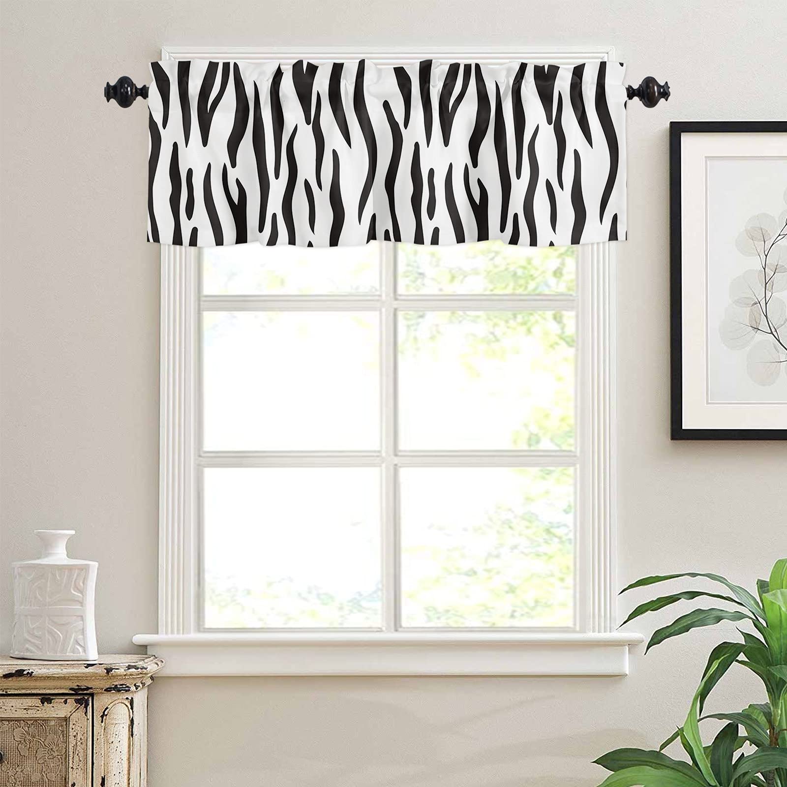 Zebra Print Valance Curtains for Kitchen & Bedroom Windows - 54x18 Inch Rod Pocket Window Treatments with Animal Skin Design - Perfect for Living Room & Home Decor