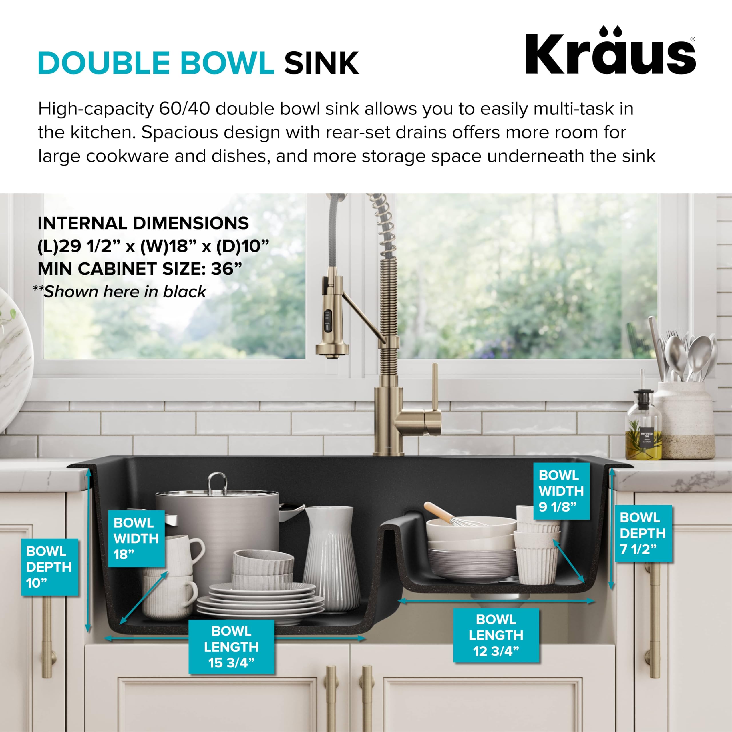 KRAUS Quarza 33-inch Drop-In/Undermount 60/40 Double Bowl Granite Composite Kitchen Sink in Gray - Durable & Stylish for Modern Kitchens, Perfect for Meal Prep and Cleanup (Model KGD-442GREY)