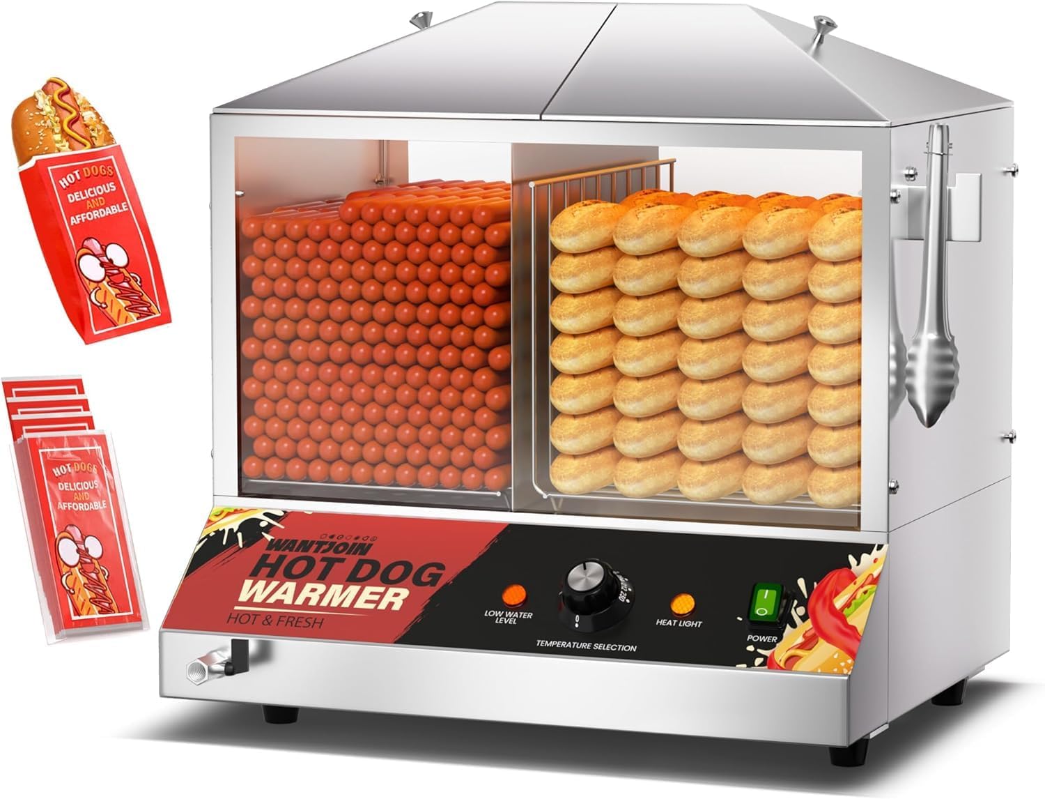 Commercial Hot Dog Steamer 36L/38QT with Bun Warmer - Stainless Steel Cabinet & Tempered Glass - Holds 200-275 Sausages & 45 Buns - 1200W for Restaurants, Food Trucks, and Catering Events