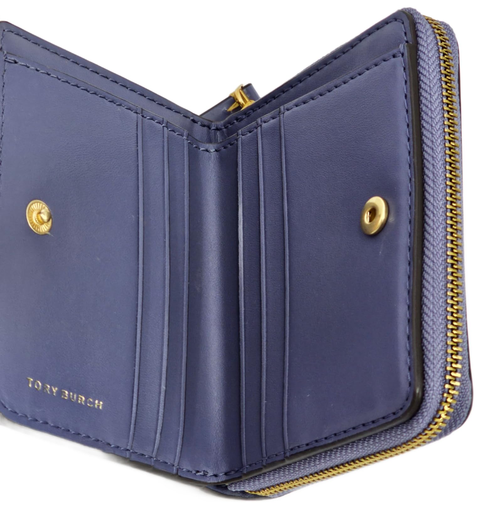 Tory Burch Britten Blue & Gold Leather Women's Bifold Wallet - Slim RFID Blocking Credit Card Holder for Everyday Use & Travel