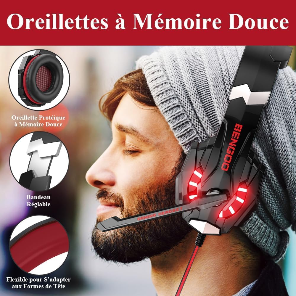BENGOO G9000 Stereo Gaming Headset with Noise Cancelling Mic & LED Light - Compatible with PS4, PC, Xbox One, Nintendo Switch, Laptop & Mac - Soft Memory Earmuffs for Long Gaming Sessions (Red) - Perfect for FPS, RPG & Online Multiplayer Games