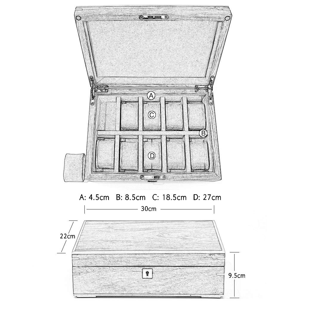 10-Slot Wooden Watch Box with Lockable Metal Lock & Glass Top Display - Jewelry & Watch Storage Organizer for Men & Women - Perfect for Travel, Home, and Office Use