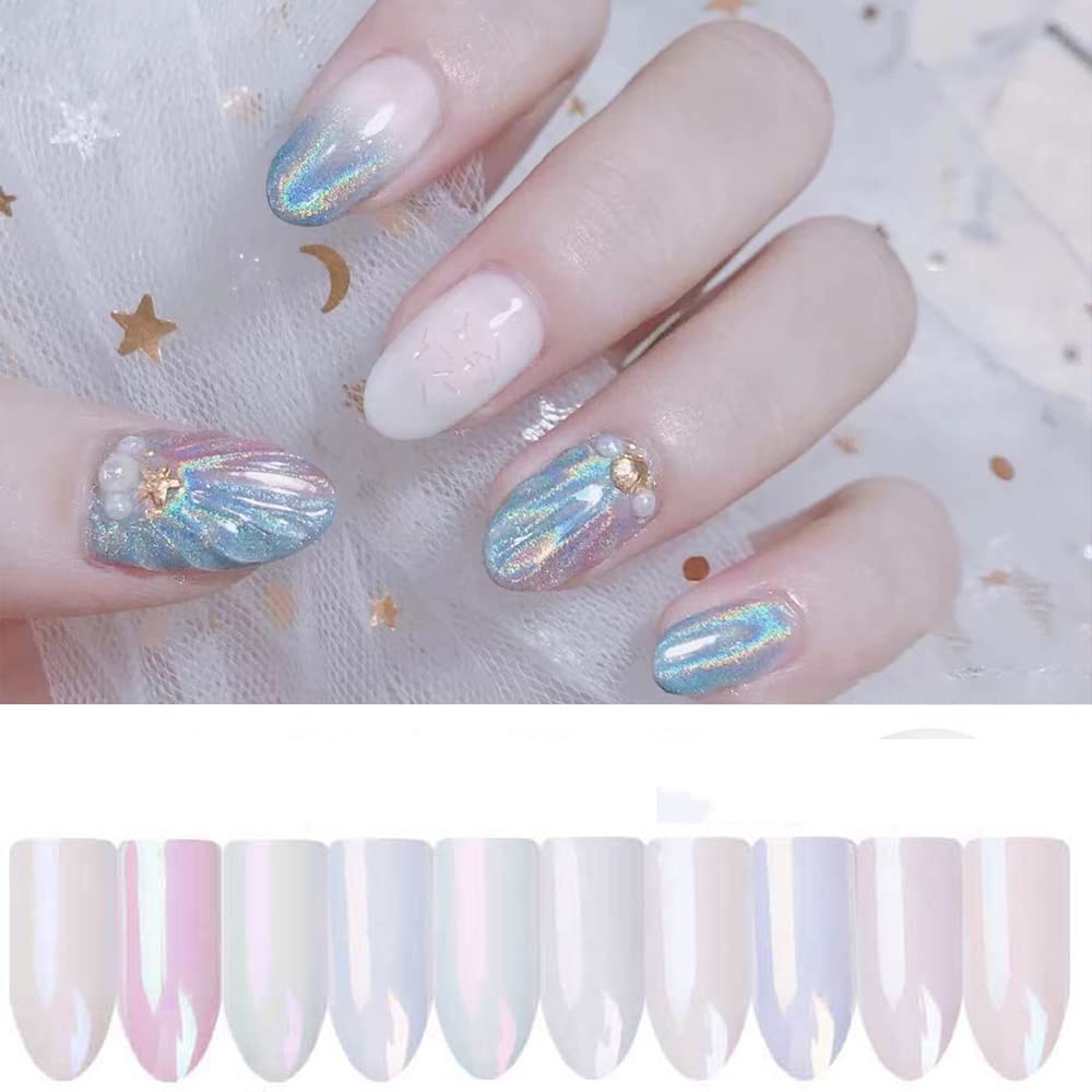 1 Box Holographic Nail Powder - Mermaid Nail Glitter, Pearl Shell Shimmer Powder, Glimmer Dust for Nail Art - Champagne Gold & Rainbow Holographic Nail Flakes - Perfect for DIY Manicures, Nail Salon Decorations, and Party Glam Looks