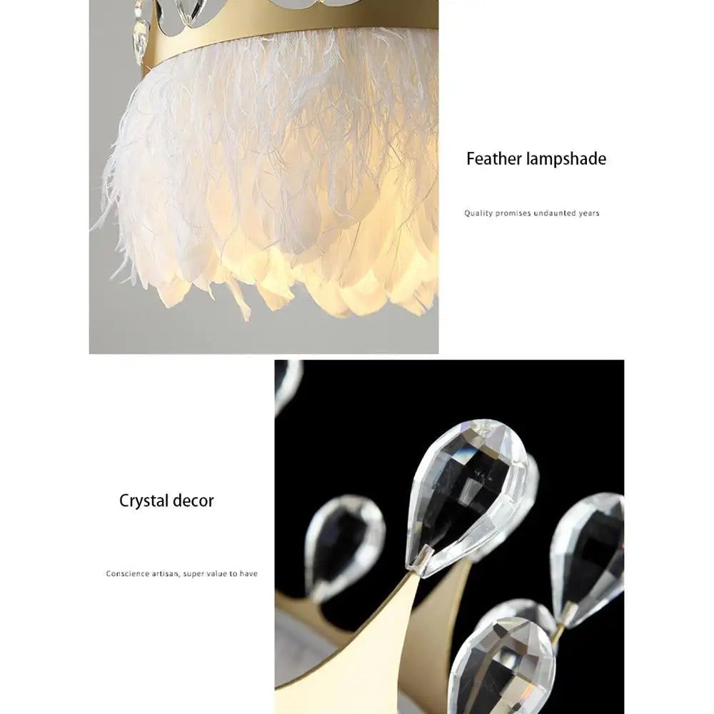Crystal Pendant Light with White Feather Crown - Elegant Chandelier for Dining Room, Bedroom & Living Room Decor | Ethereal Lighting Fixture for Home & Wedding