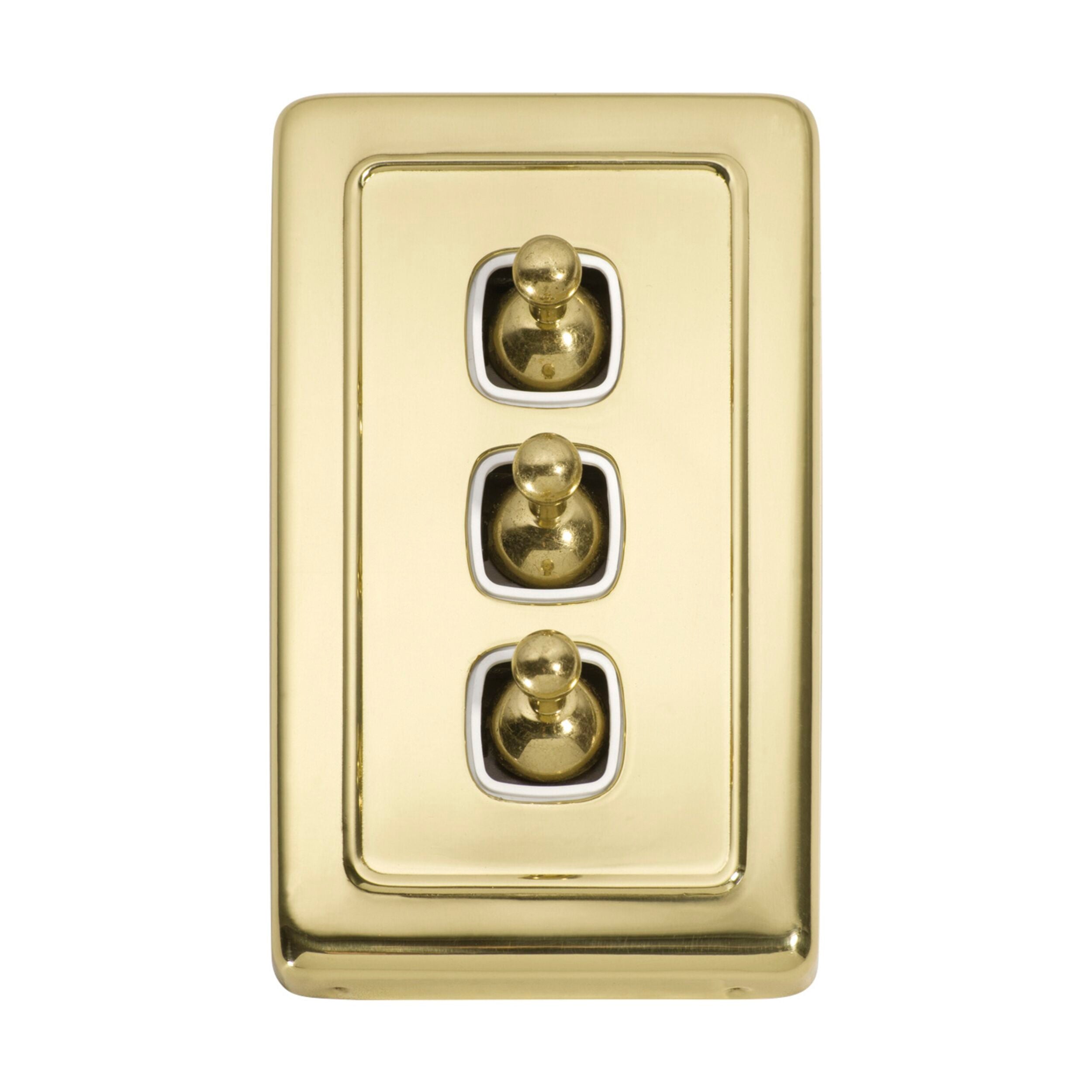 3 Gang Toggle Switch Flat Plate in White & Polished Brass - 115mm x 72mm (HxW) - Ideal for Home, Office & Commercial Lighting Control