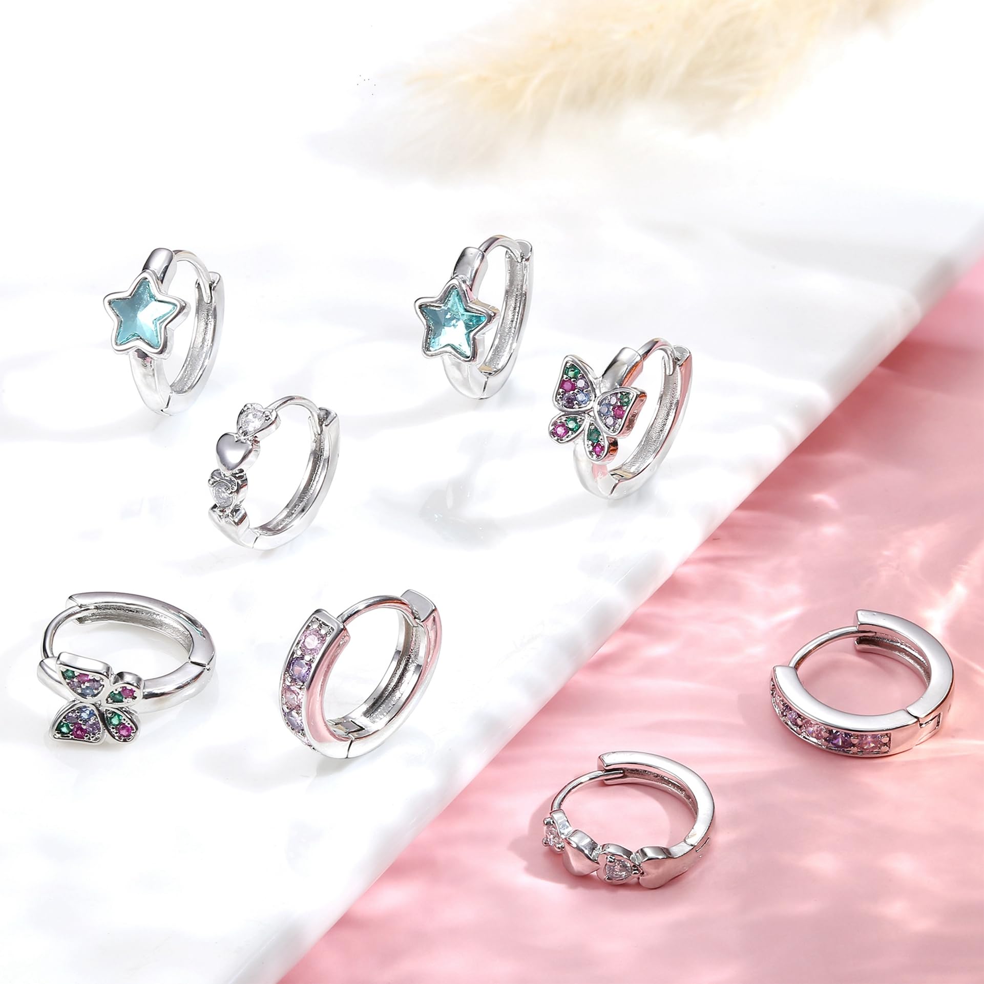Hypoallergenic Huggie Hoop Earrings for Women & Girls - 10mm Tiny CZ Butterfly Star Cartilage Earrings Set | Double Love Heart Sleeper Earrings for Daily Wear, Gift Giving & Special Occasions